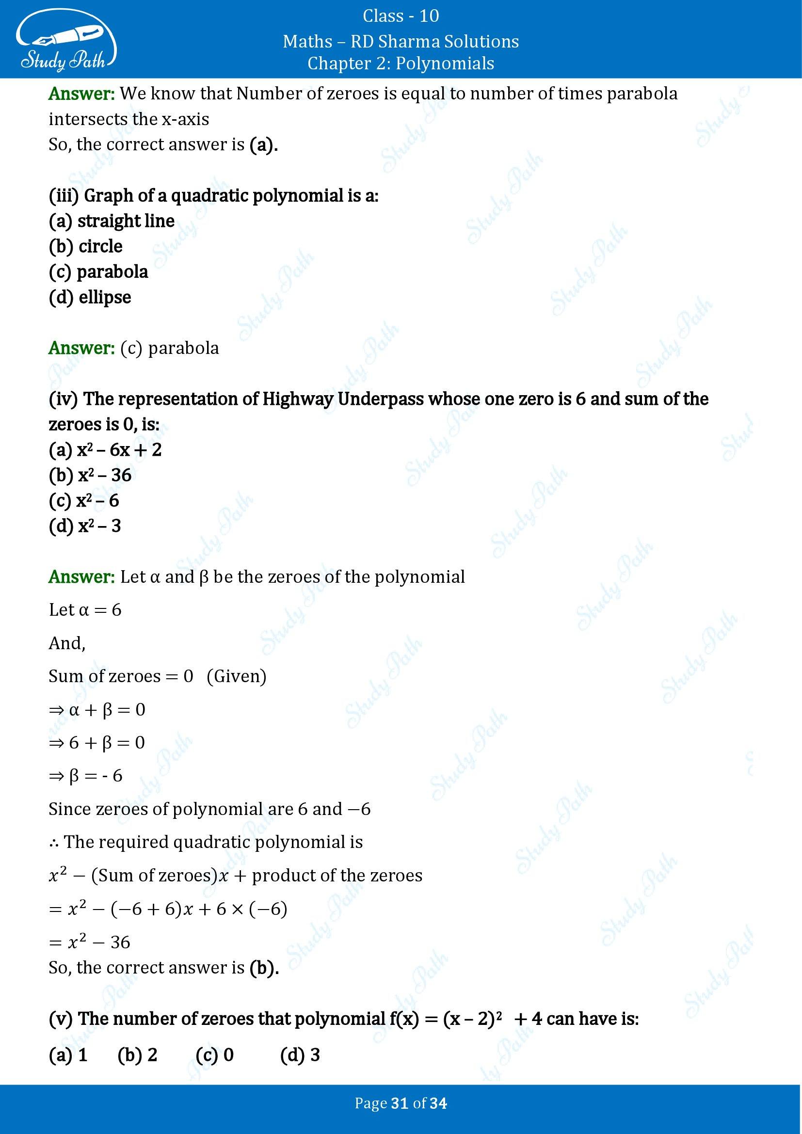 RD Sharma Solutions Class 10 Chapter 2 Polynomials Multiple Choice Questions MCQs 00031