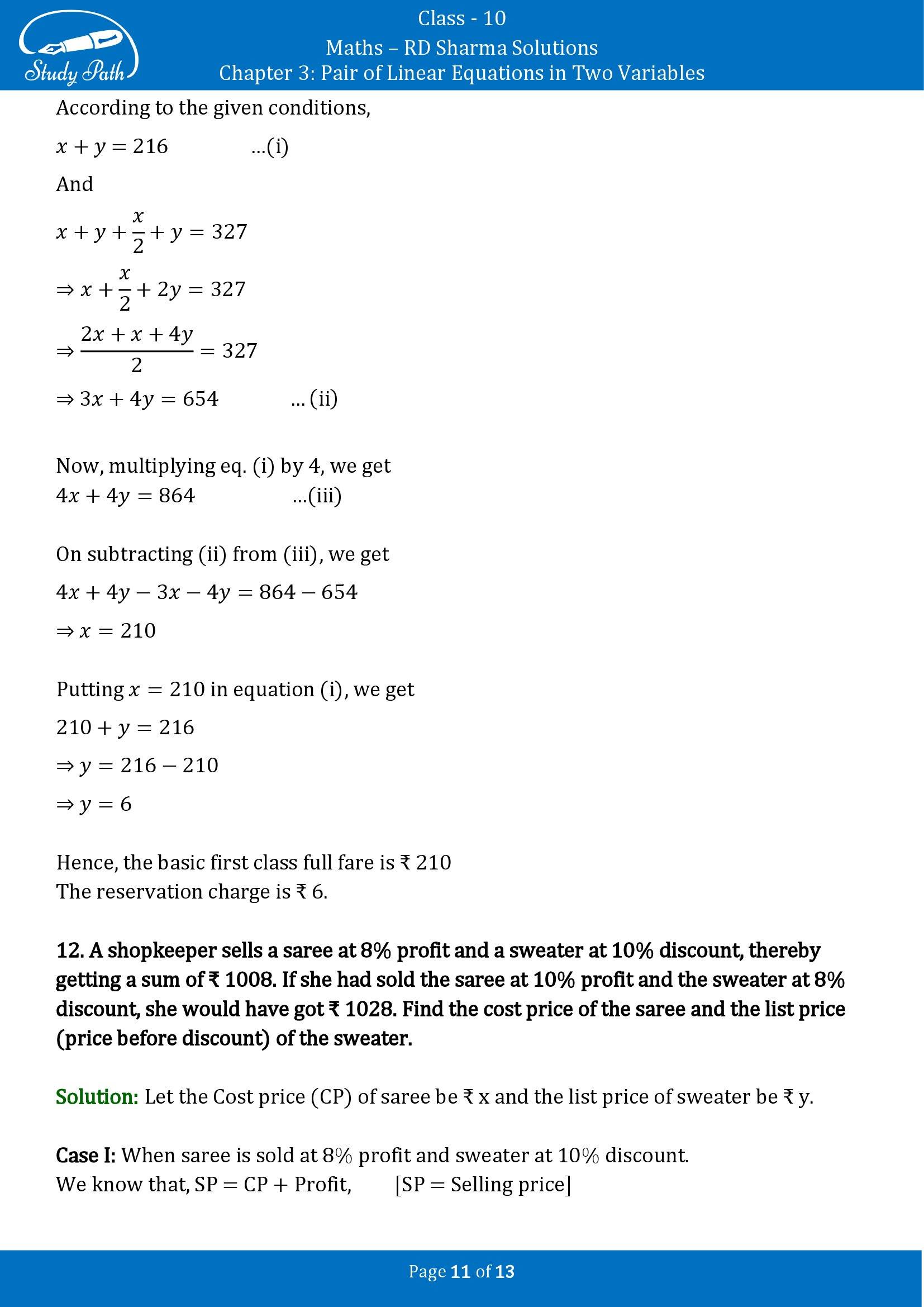 RD Sharma Solutions Class 10 Chapter 3 Pair of Linear Equations in Two Variables Exercise 3.10 00011