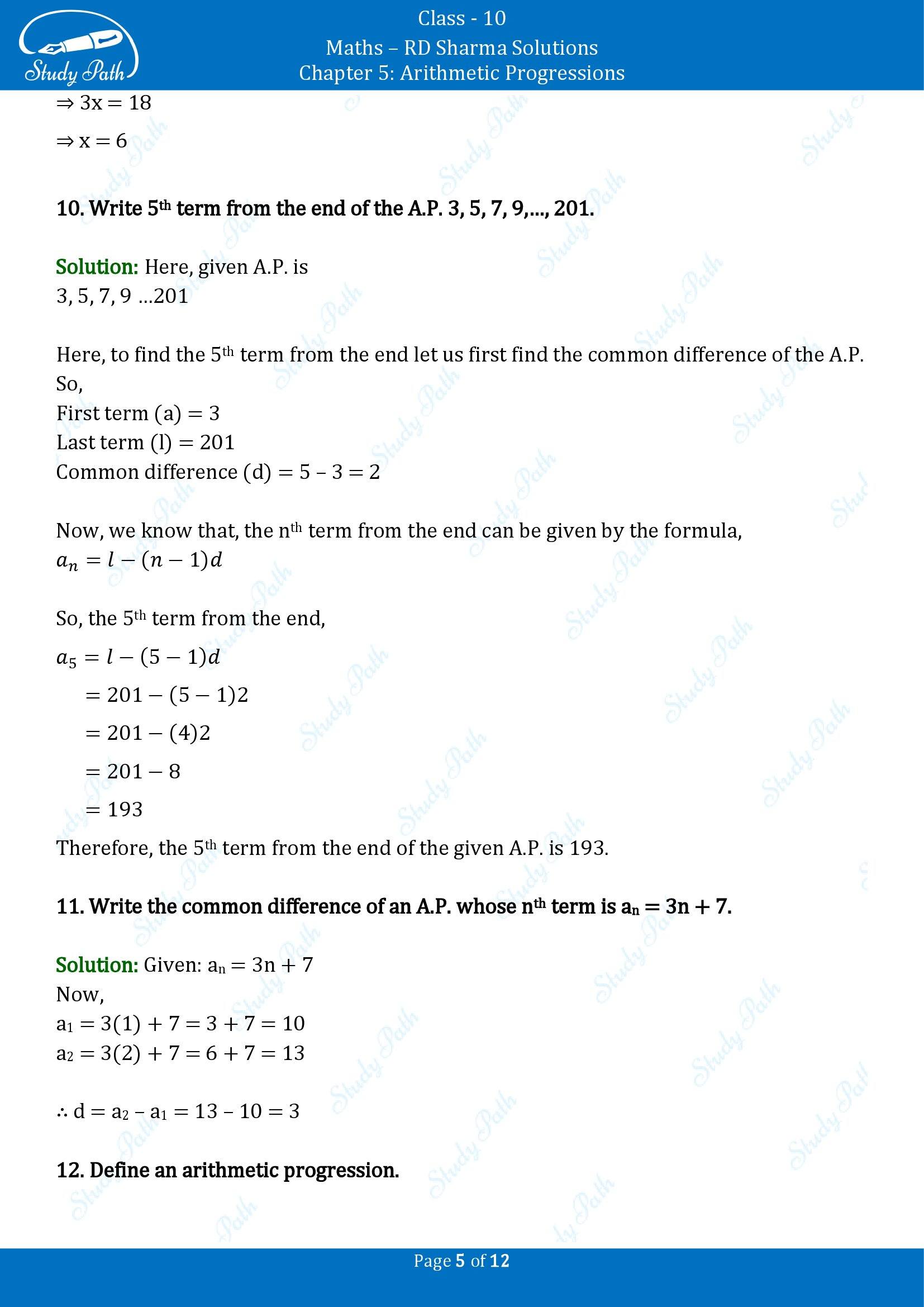 RD Sharma Solutions Class 10 Chapter 5 Arithmetic Progressions Very Short Answer Type Questions VSAQs 00005