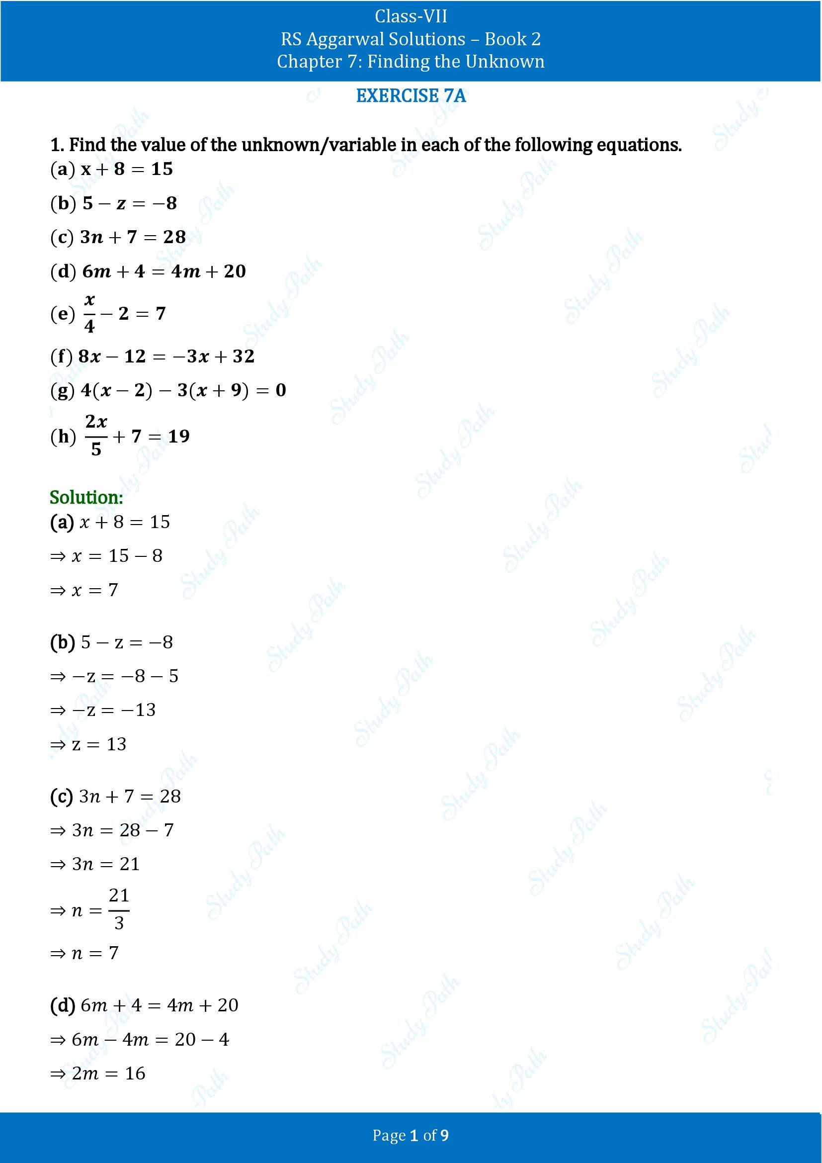 RS Aggarwal Solutions Class 7 Book 2 Chapter 7 Finding the Unknown Exercise 7A 00001