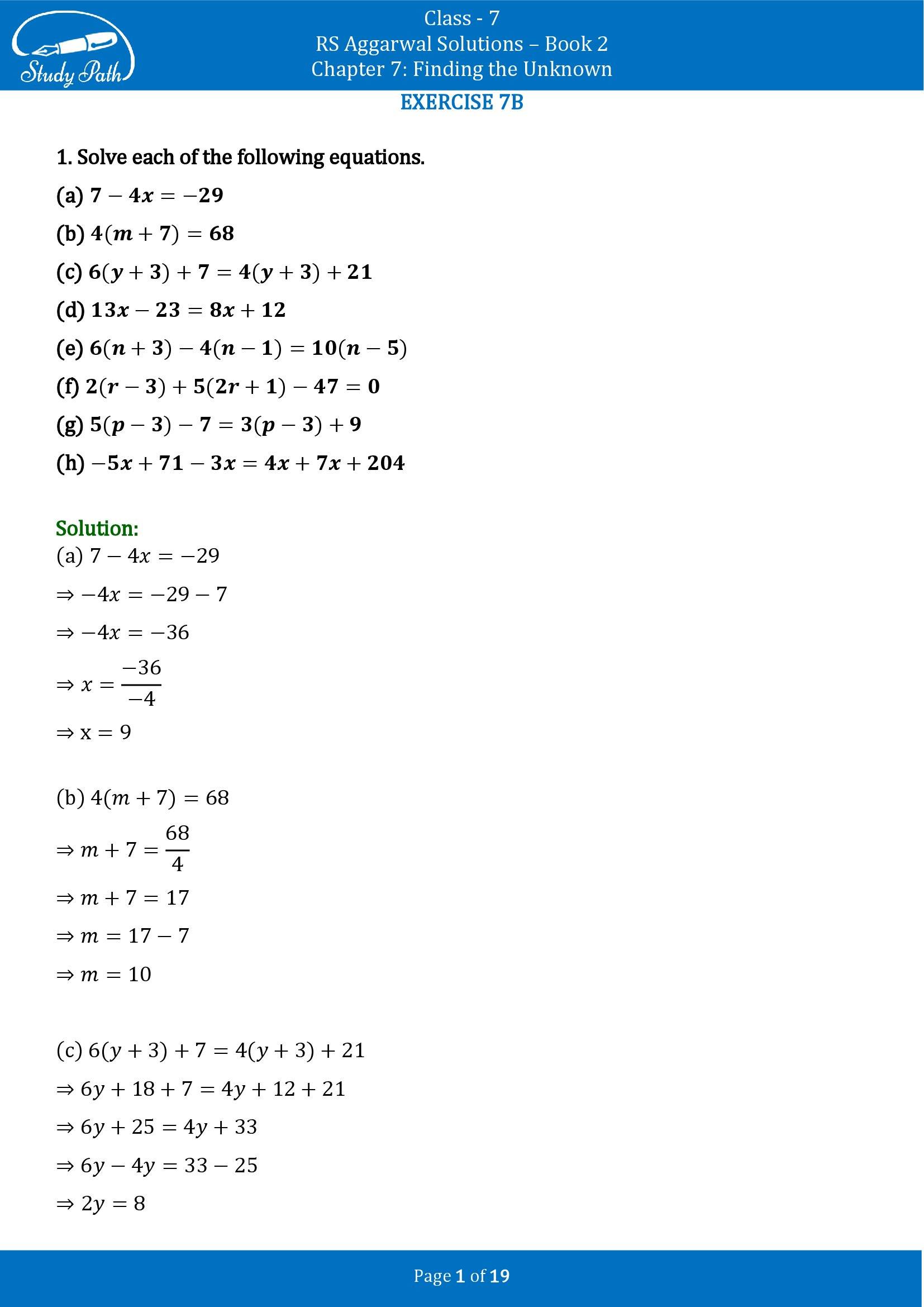 RS Aggarwal Solutions Class 7 Book 2 Chapter 7 Finding the Unknown Exercise 7B 00001