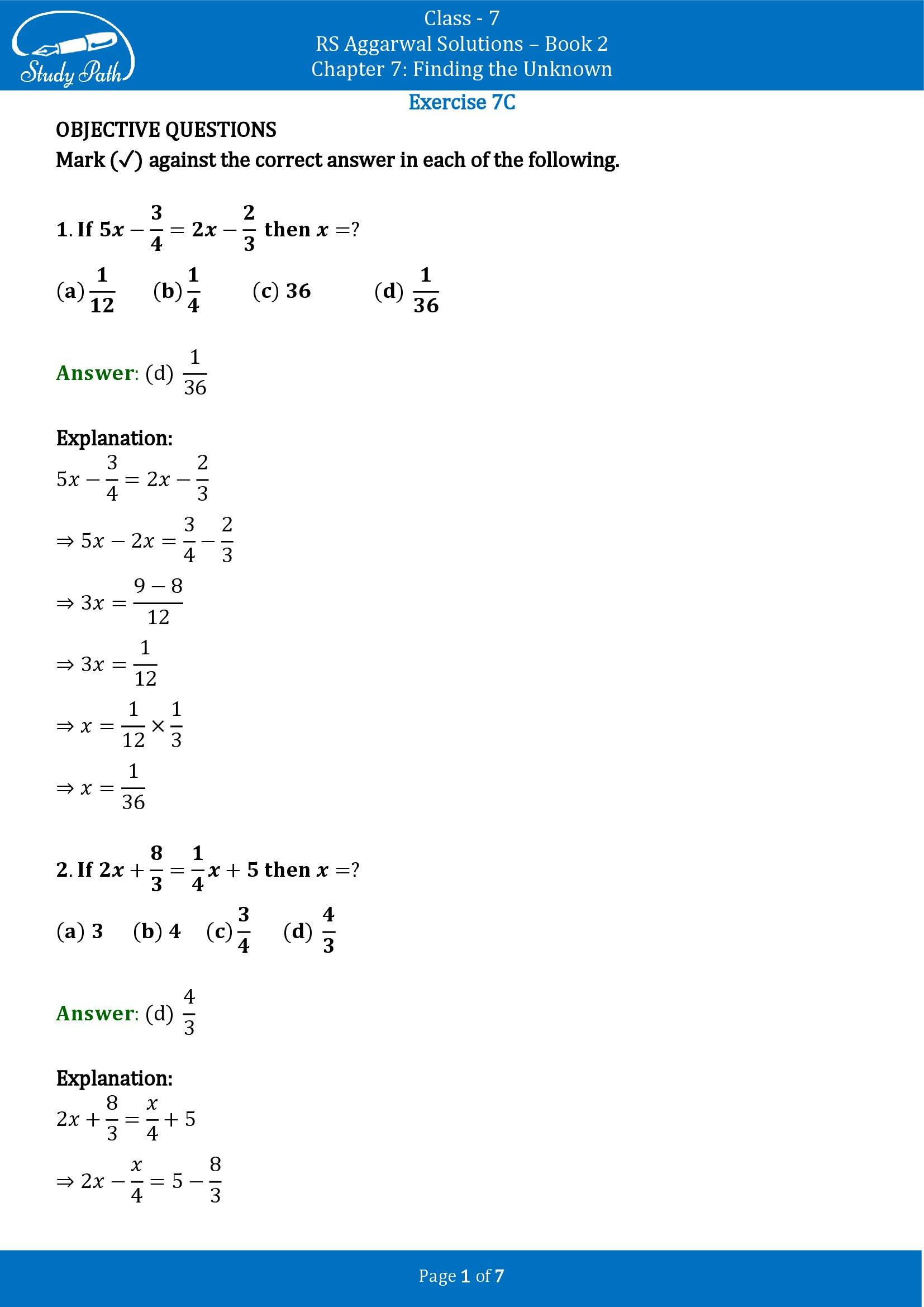 RS Aggarwal Solutions Class 7 Book 2 Chapter 7 Finding the Unknown Exercise 7C 00001