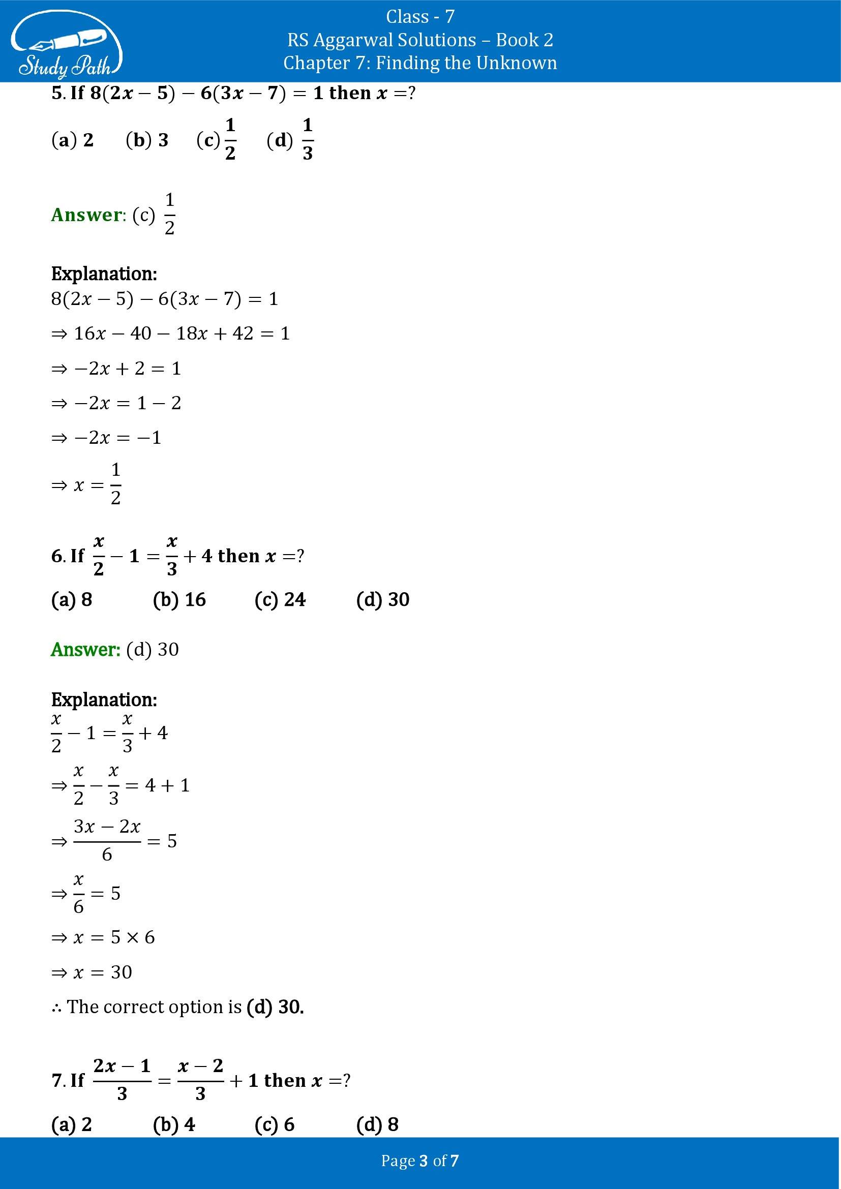 RS Aggarwal Solutions Class 7 Book 2 Chapter 7 Finding the Unknown Exercise 7C 00003
