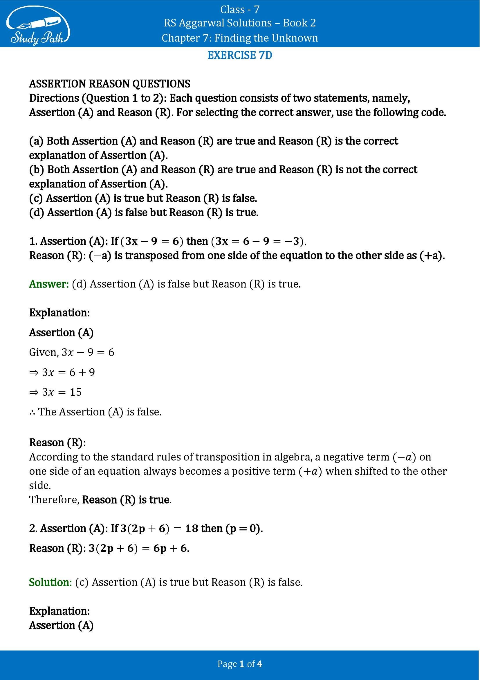RS Aggarwal Solutions Class 7 Book 2 Chapter 7 Finding the Unknown Exercise 7D 00001