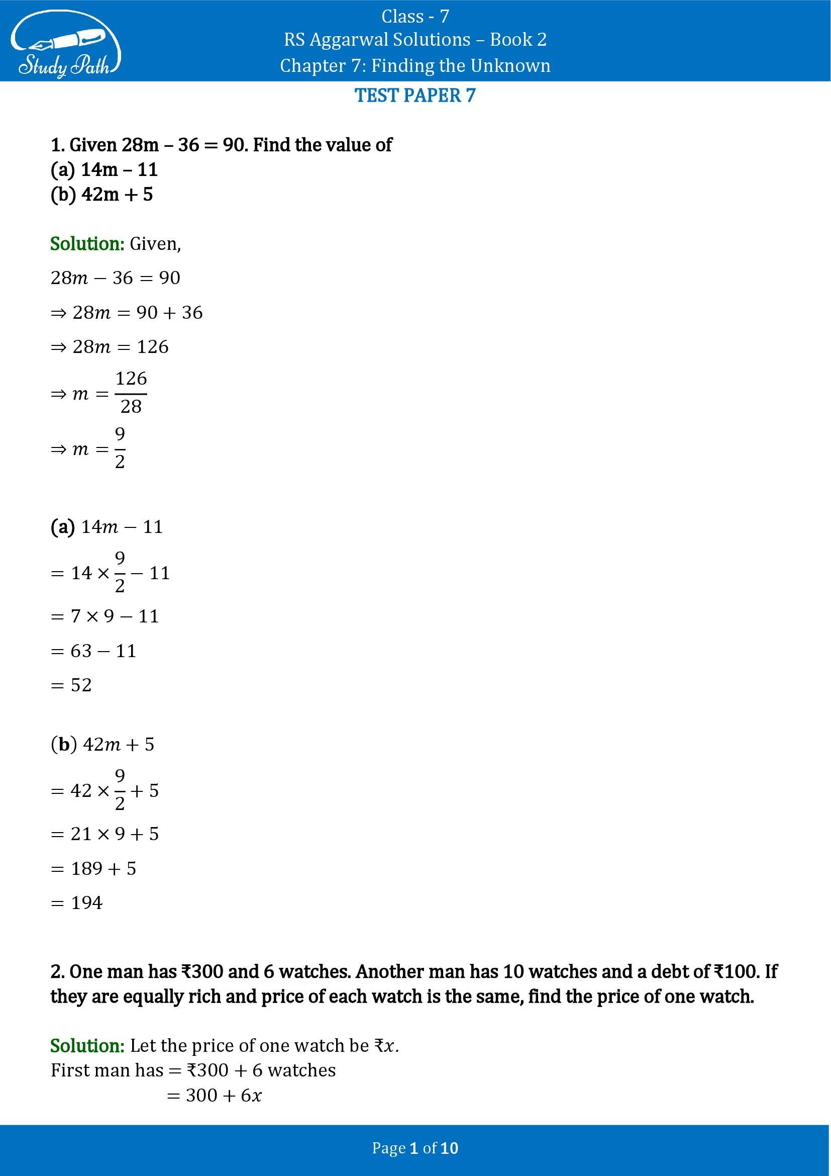 RS Aggarwal Solutions Class 7 Book 2 Chapter 7 Finding the Unknown Test Paper 7 00001
