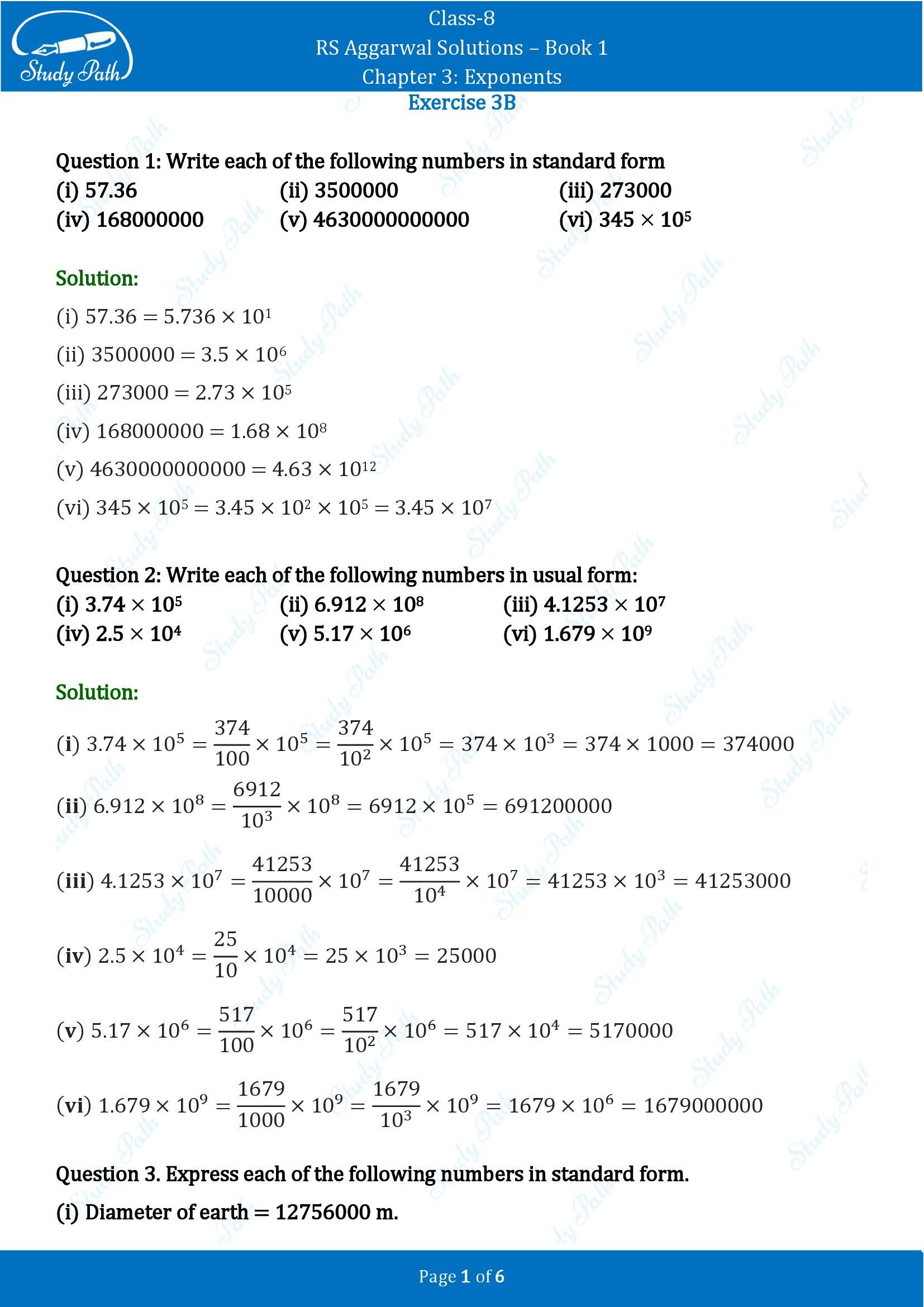 RS Aggarwal Solutions Class 8 Book 1 Chapter 3 Exponents Exercise 3B 00001