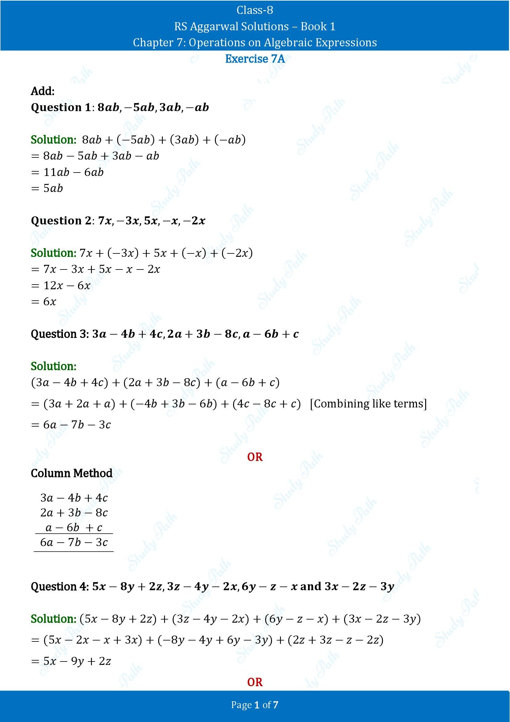 RS Aggarwal Solutions Class 8 Book 1 Chapter 7 Operations on Algebraic Expressions Exercise 7A 00001