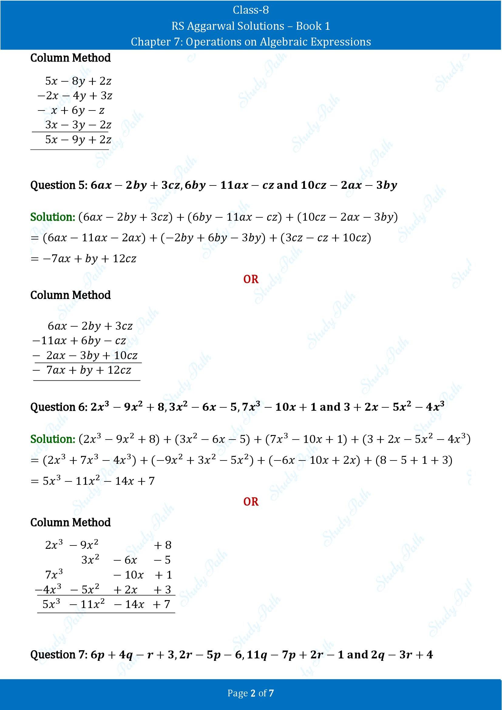 RS Aggarwal Solutions Class 8 Book 1 Chapter 7 Operations on Algebraic Expressions Exercise 7A 00002