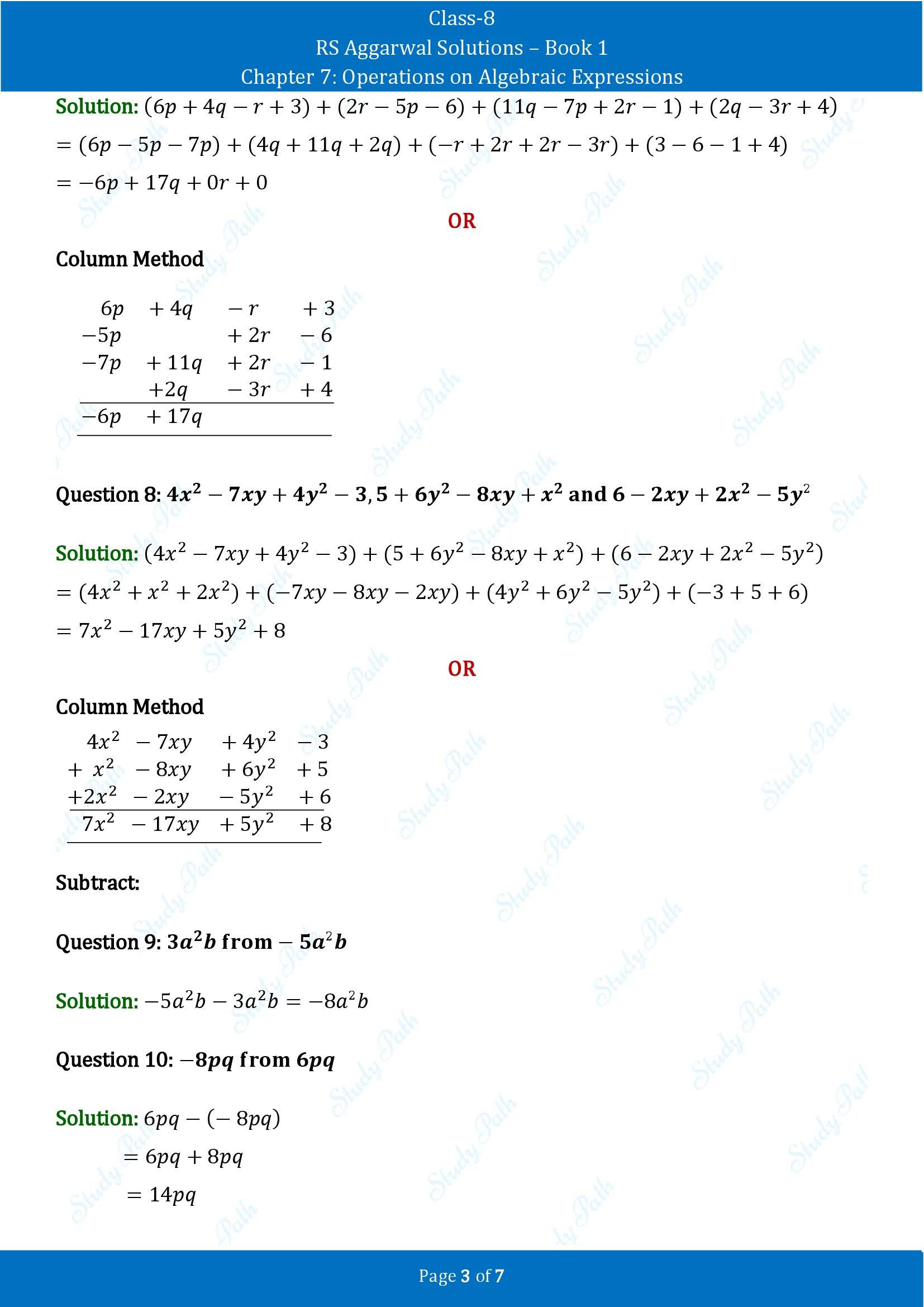 RS Aggarwal Solutions Class 8 Book 1 Chapter 7 Operations on Algebraic Expressions Exercise 7A 00003