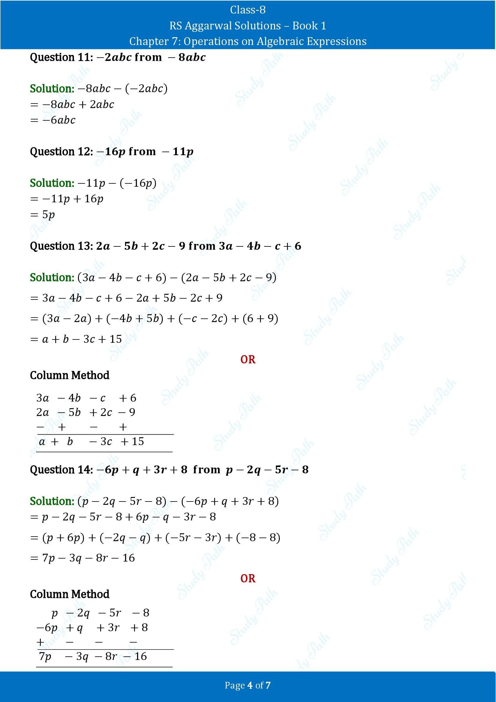 RS Aggarwal Solutions Class 8 Book 1 Chapter 7 Operations on Algebraic Expressions Exercise 7A 00004