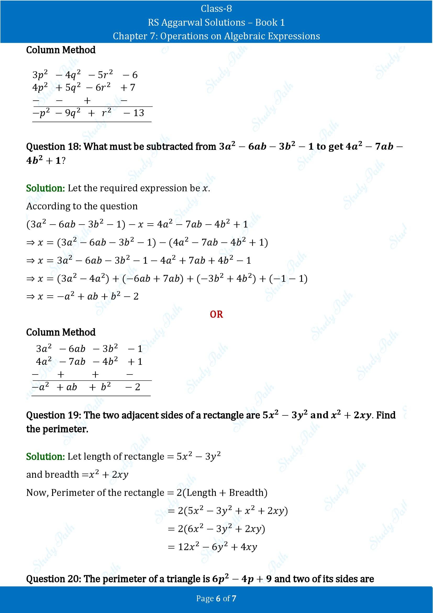RS Aggarwal Solutions Class 8 Book 1 Chapter 7 Operations on Algebraic Expressions Exercise 7A 00006