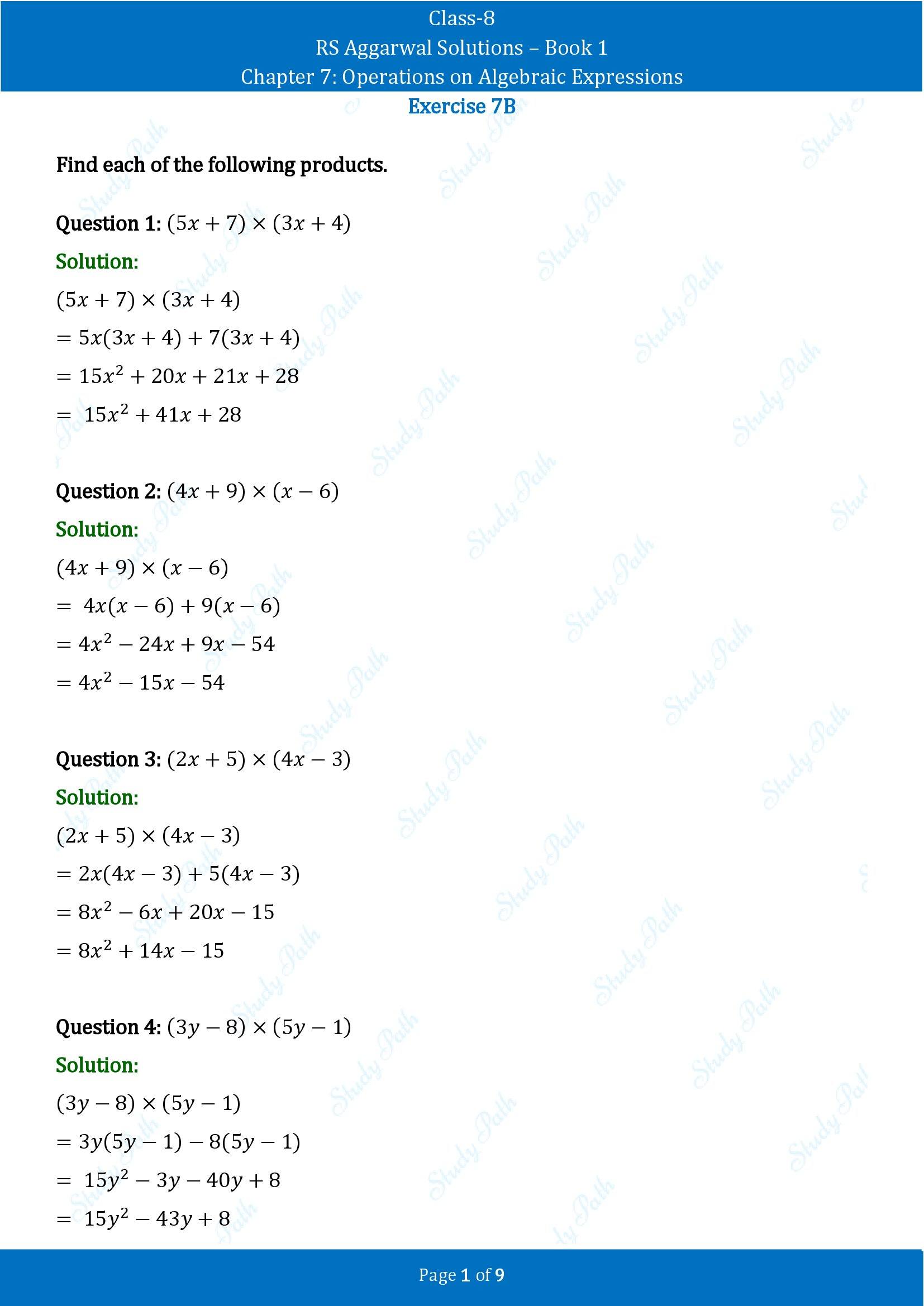 RS Aggarwal Solutions Class 8 Book 1 Chapter 7 Operations on Algebraic Expressions Exercise 7B 00001