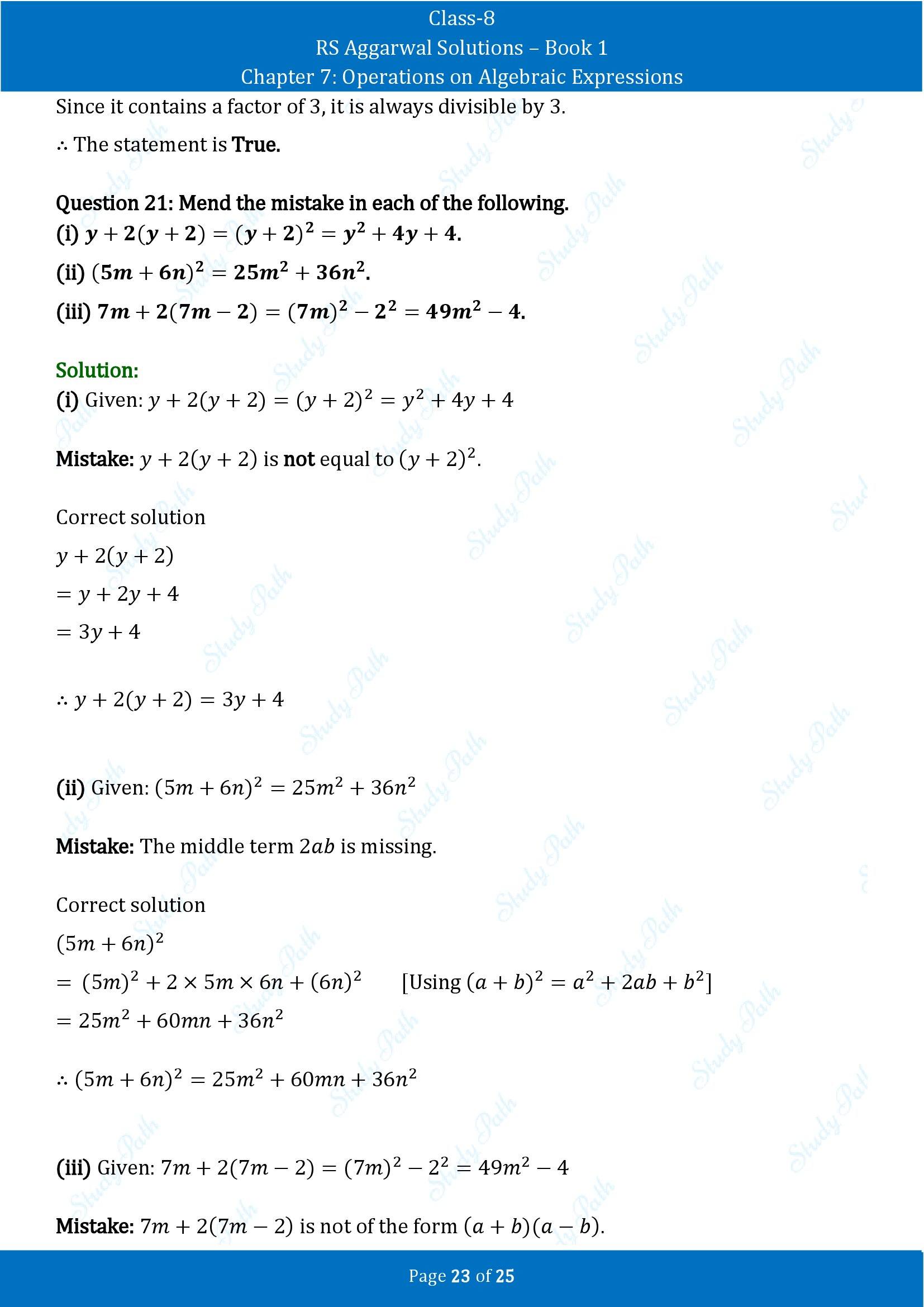 RS Aggarwal Solutions Class 8 Book 1 Chapter 7 Operations on Algebraic Expressions Exercise 7C 00023
