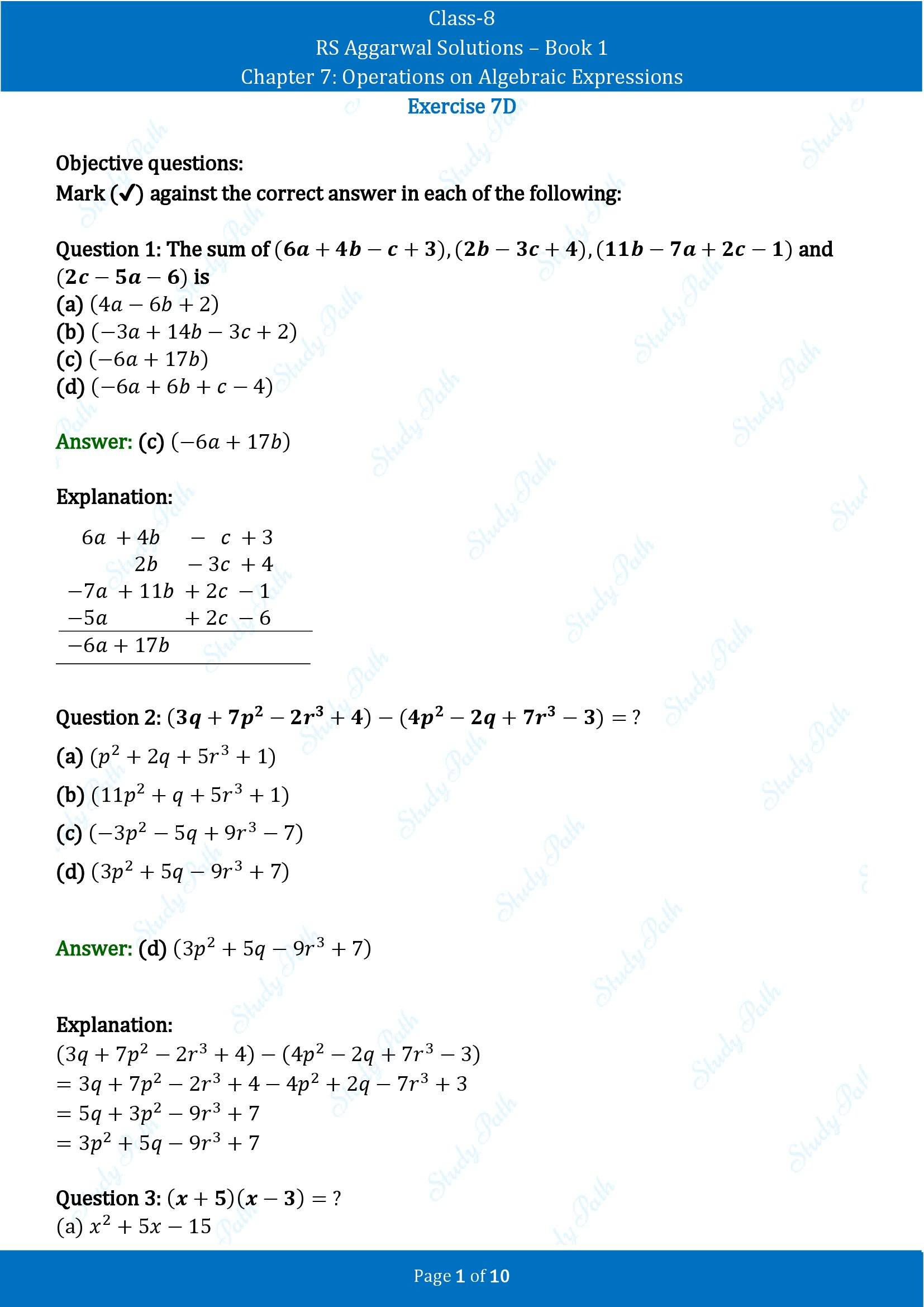 RS Aggarwal Solutions Class 8 Book 1 Chapter 7 Operations on Algebraic Expressions Exercise 7D 00001