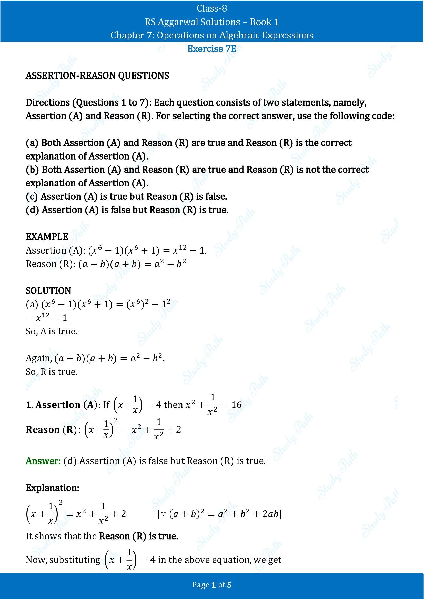 RS Aggarwal Solutions Class 8 Book 1 Chapter 7 Operations on Algebraic Expressions Exercise 7E 00001