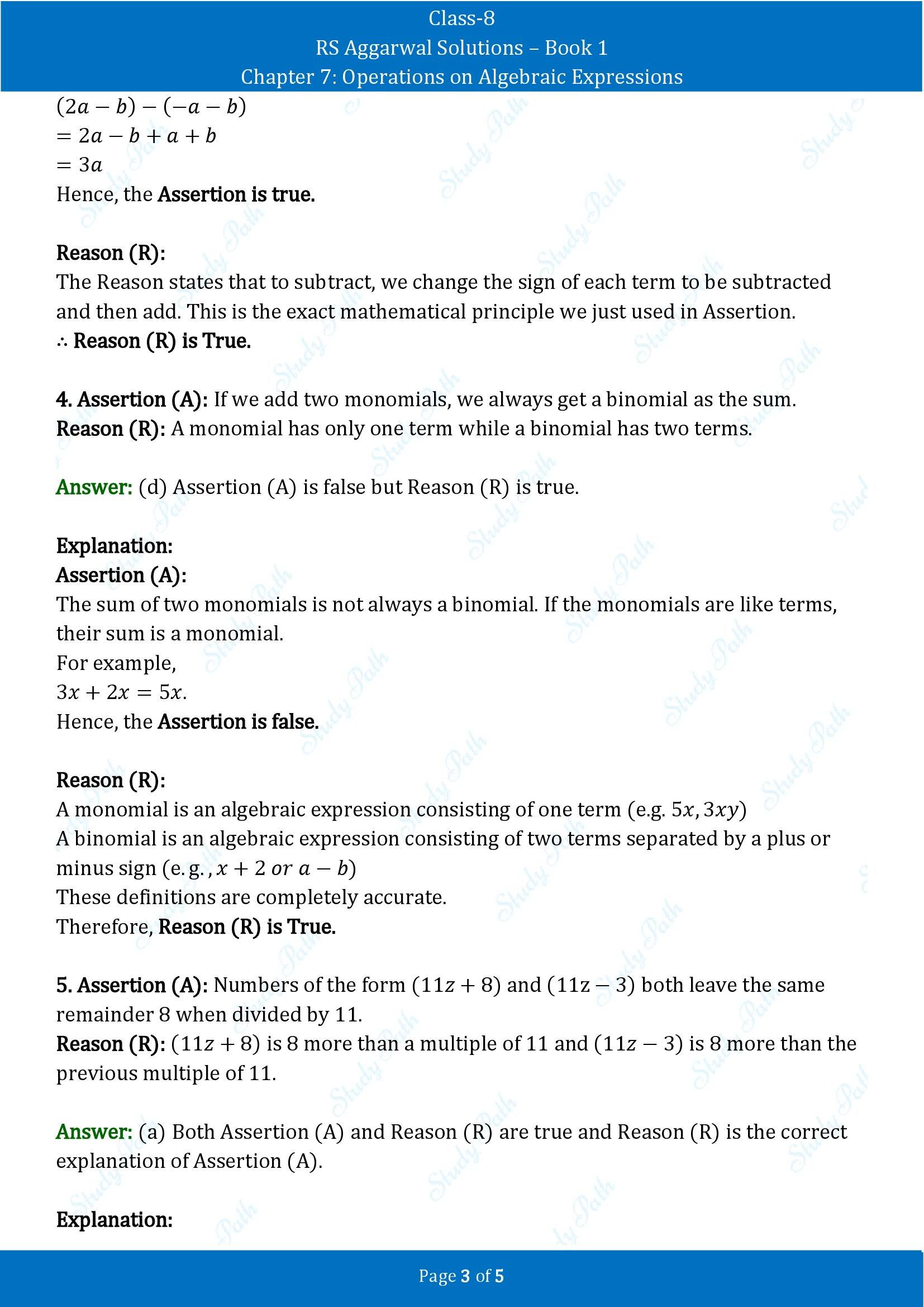 RS Aggarwal Solutions Class 8 Book 1 Chapter 7 Operations on Algebraic Expressions Exercise 7E 00003
