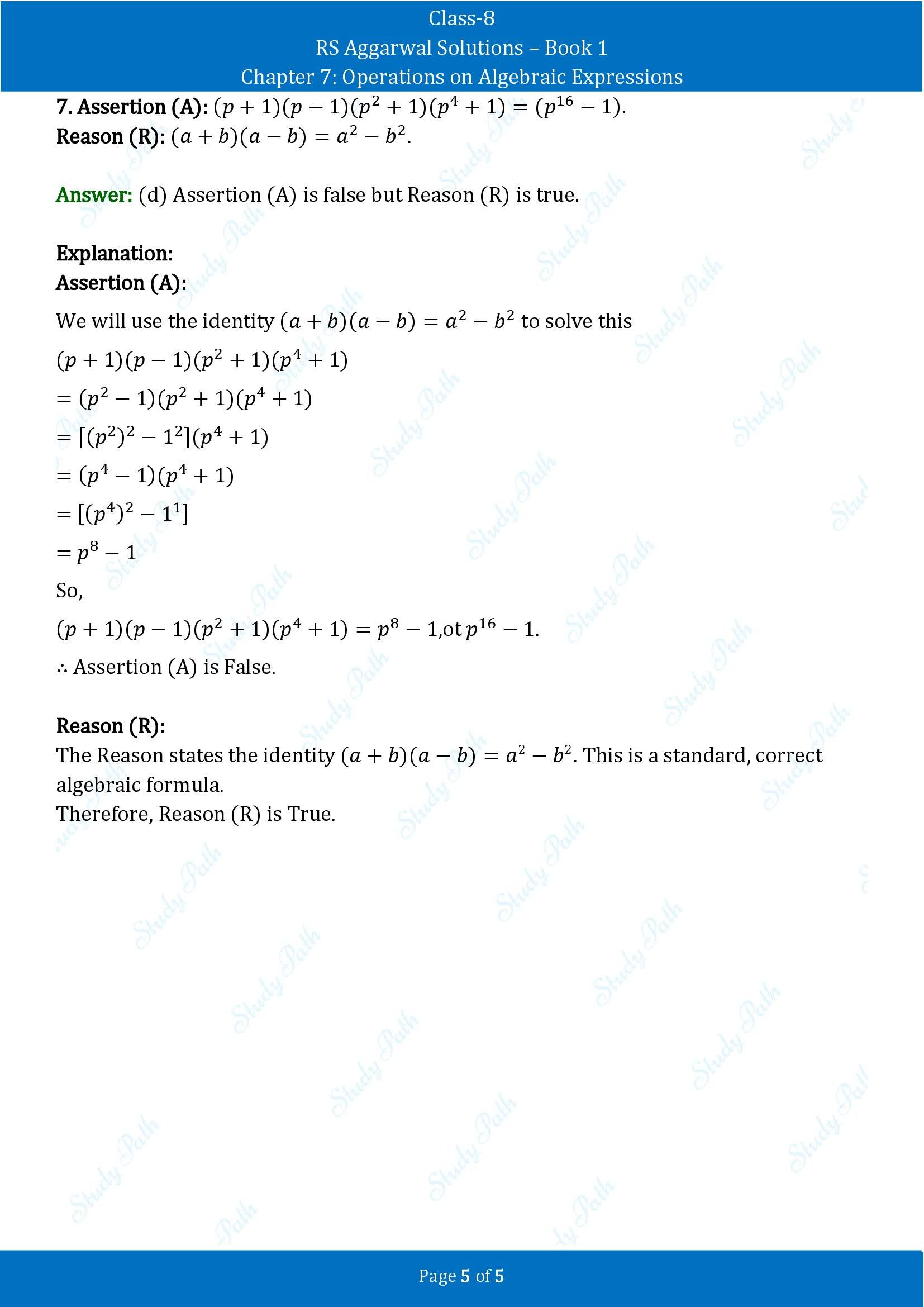 RS Aggarwal Solutions Class 8 Book 1 Chapter 7 Operations on Algebraic Expressions Exercise 7E 00005