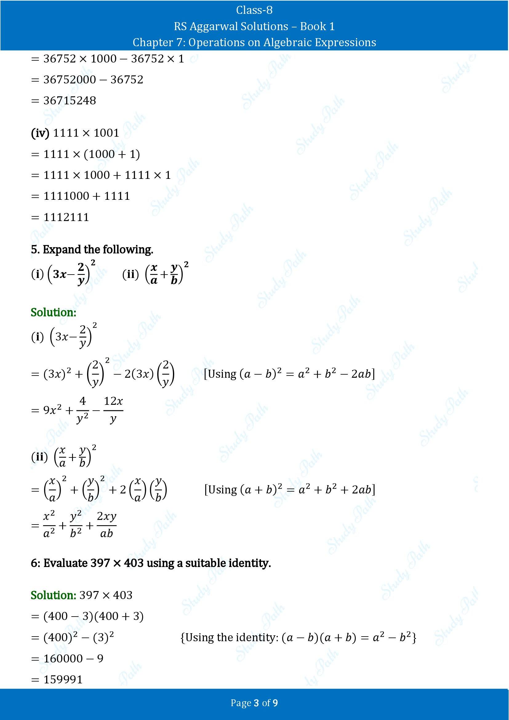 RS Aggarwal Solutions Class 8 Book 1 Chapter 7 Operations on Algebraic Expressions Test Paper 7 00003