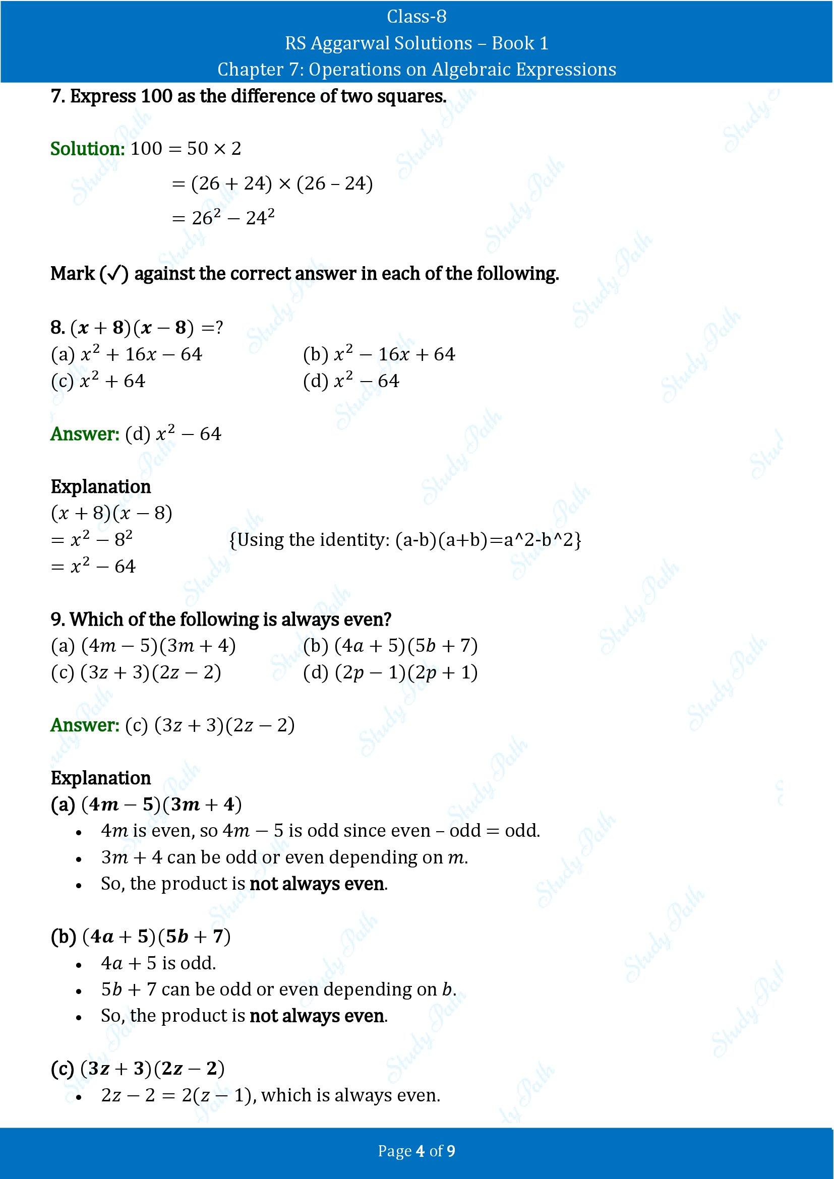 RS Aggarwal Solutions Class 8 Book 1 Chapter 7 Operations on Algebraic Expressions Test Paper 7 00004