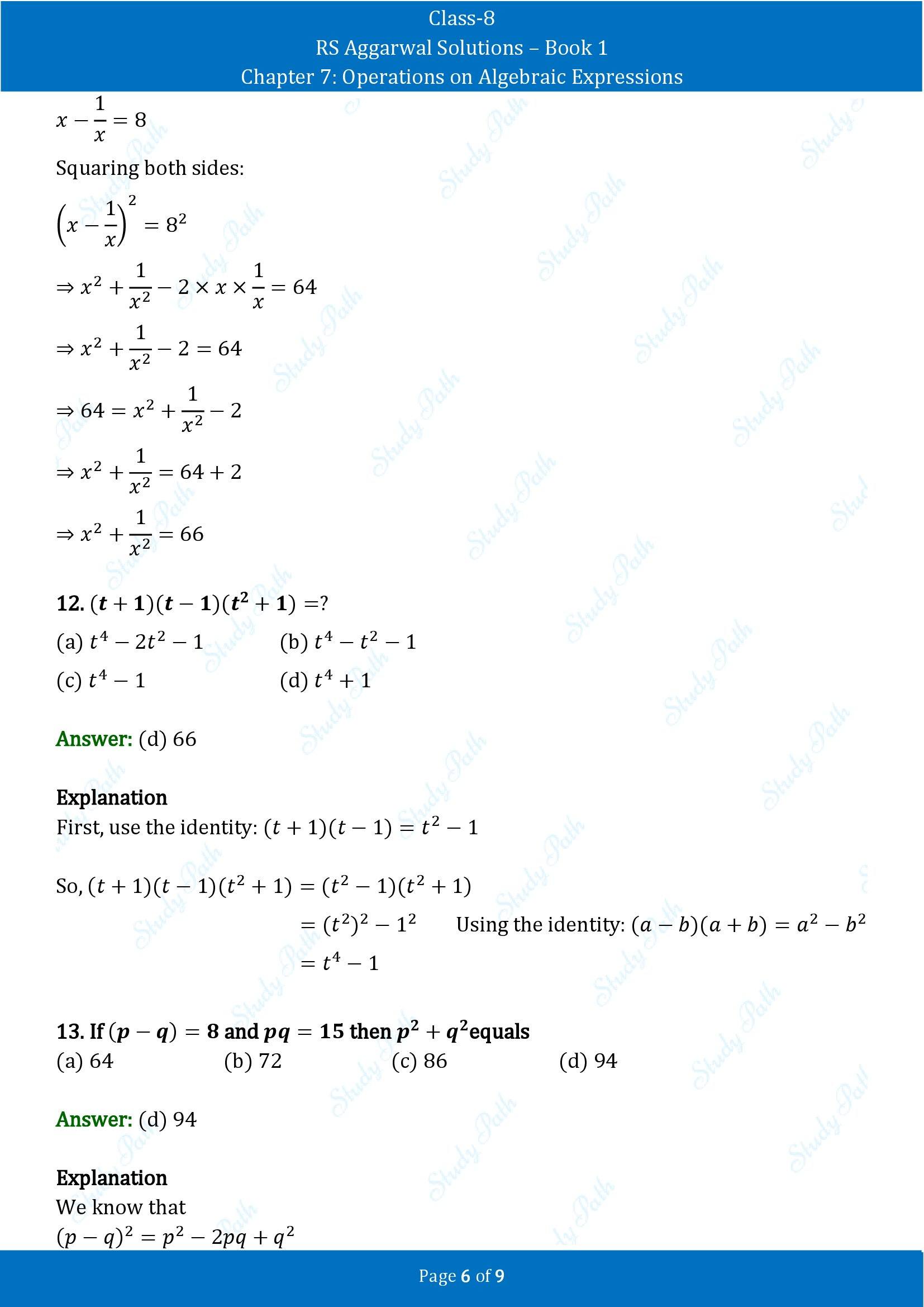 RS Aggarwal Solutions Class 8 Book 1 Chapter 7 Operations on Algebraic Expressions Test Paper 7 00006