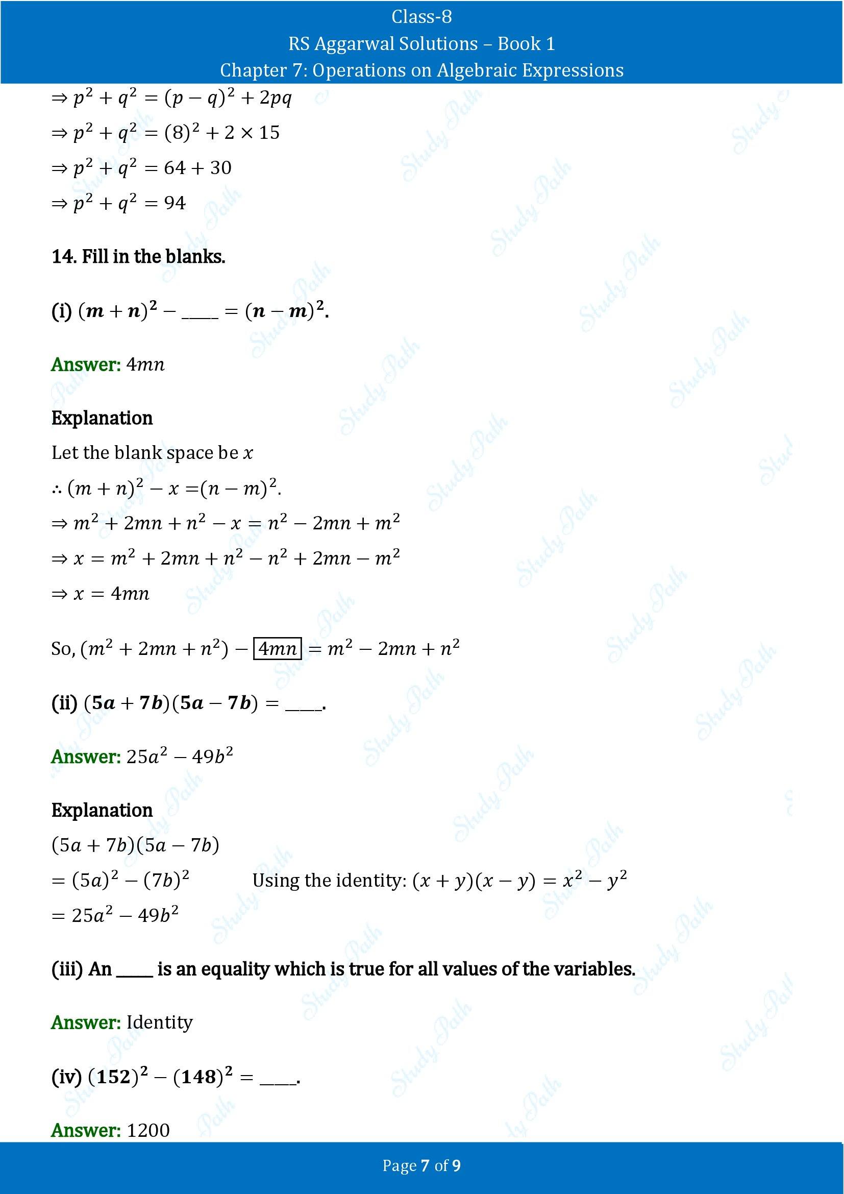 RS Aggarwal Solutions Class 8 Book 1 Chapter 7 Operations on Algebraic Expressions Test Paper 7 00007