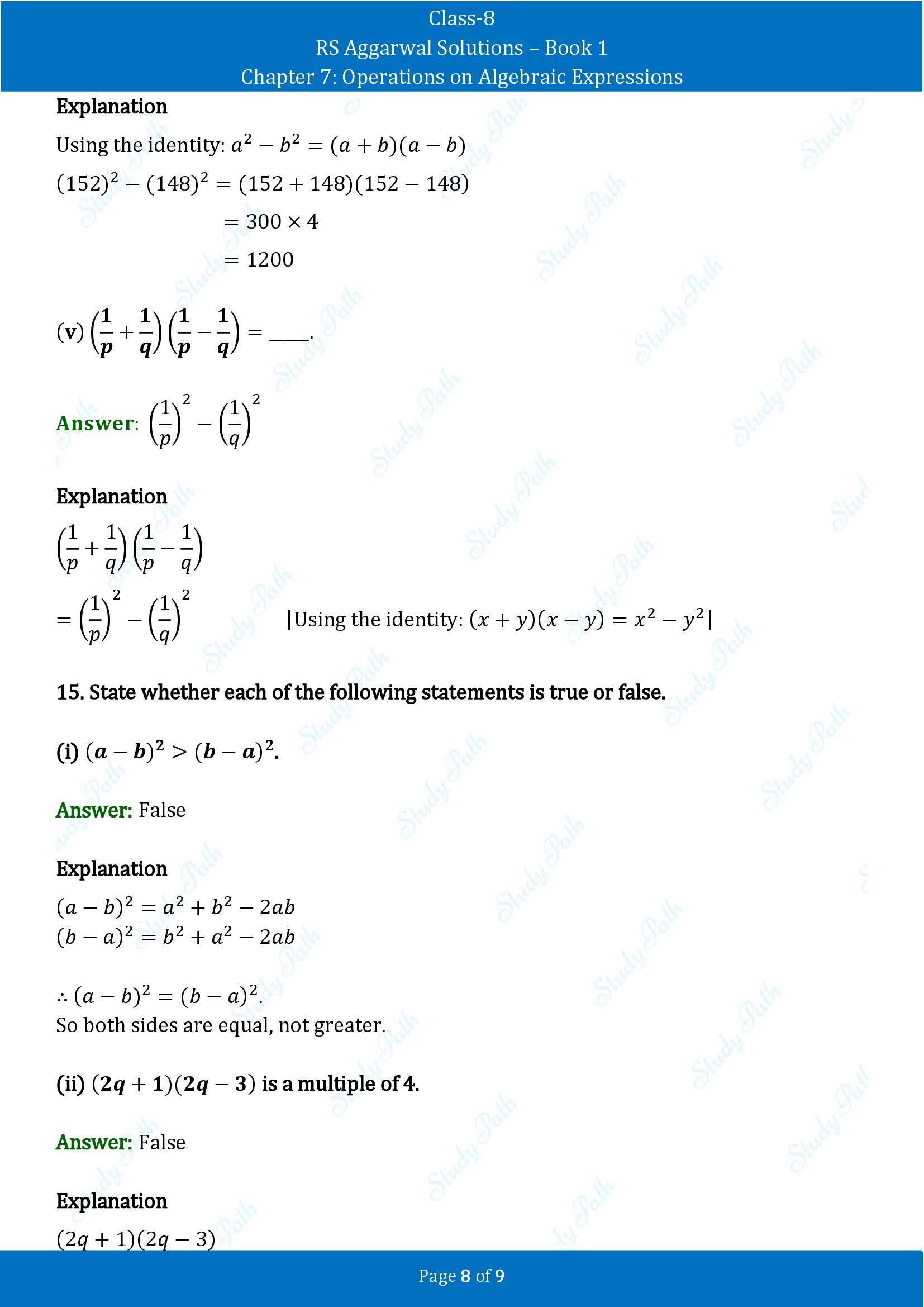 RS Aggarwal Solutions Class 8 Book 1 Chapter 7 Operations on Algebraic Expressions Test Paper 7 00008