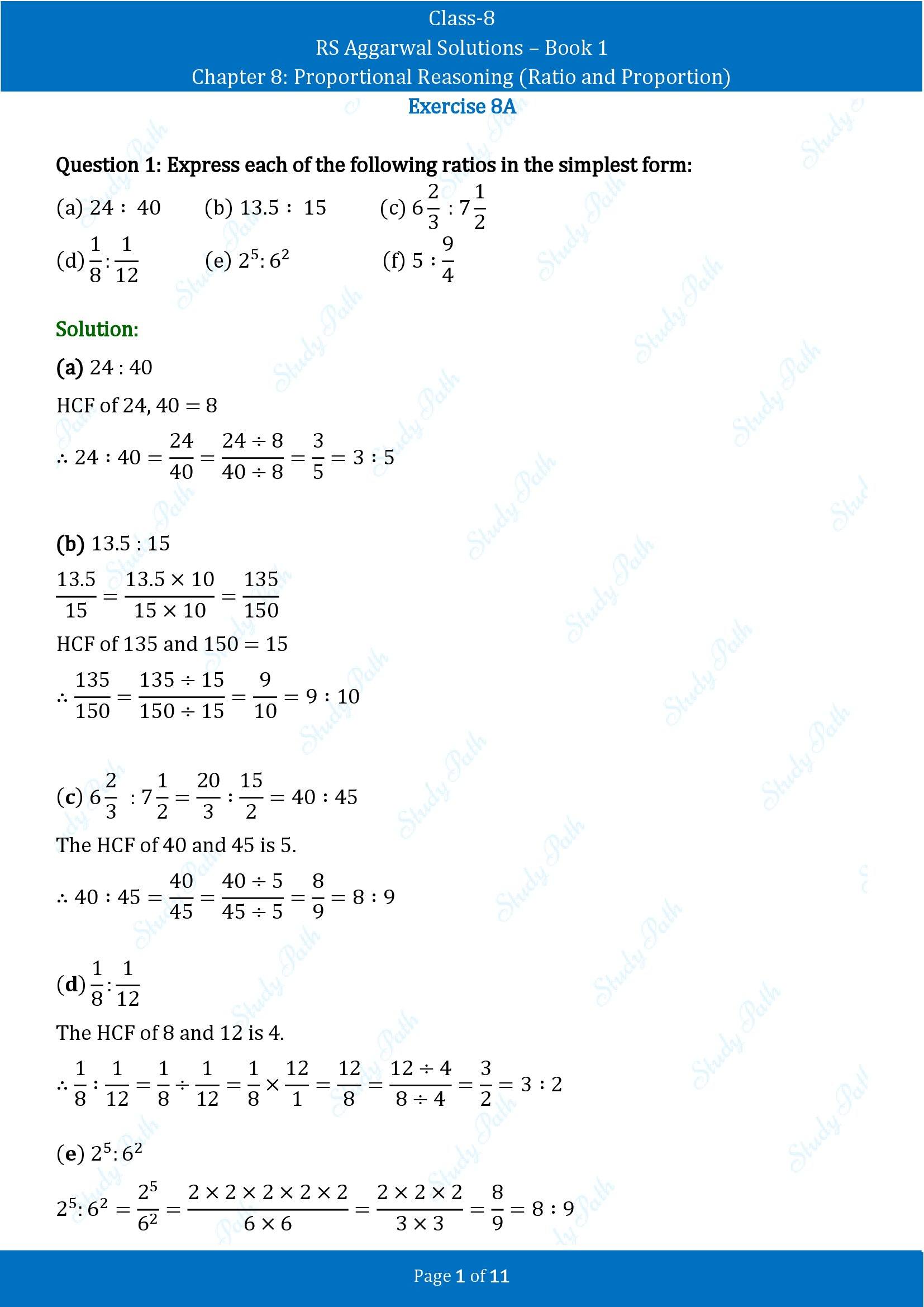 RS Aggarwal Solutions Class 8 Book 1 Chapter 8 Proportional Reasoning Ratio and Proportion Exercise 8A 00001