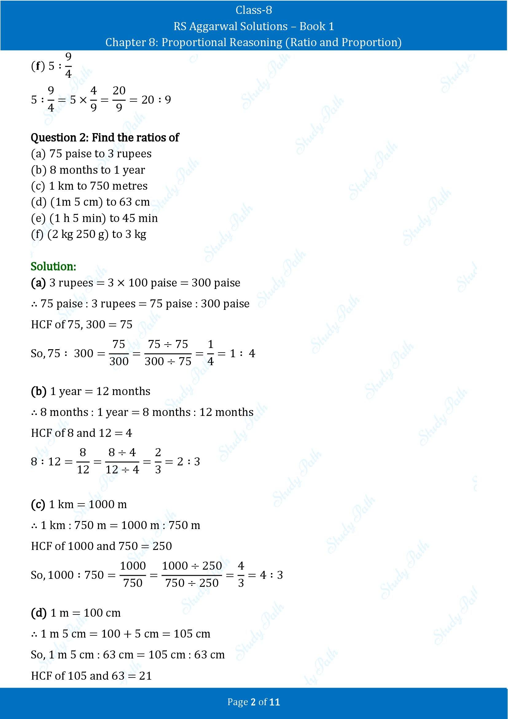 RS Aggarwal Solutions Class 8 Book 1 Chapter 8 Proportional Reasoning Ratio and Proportion Exercise 8A 00002