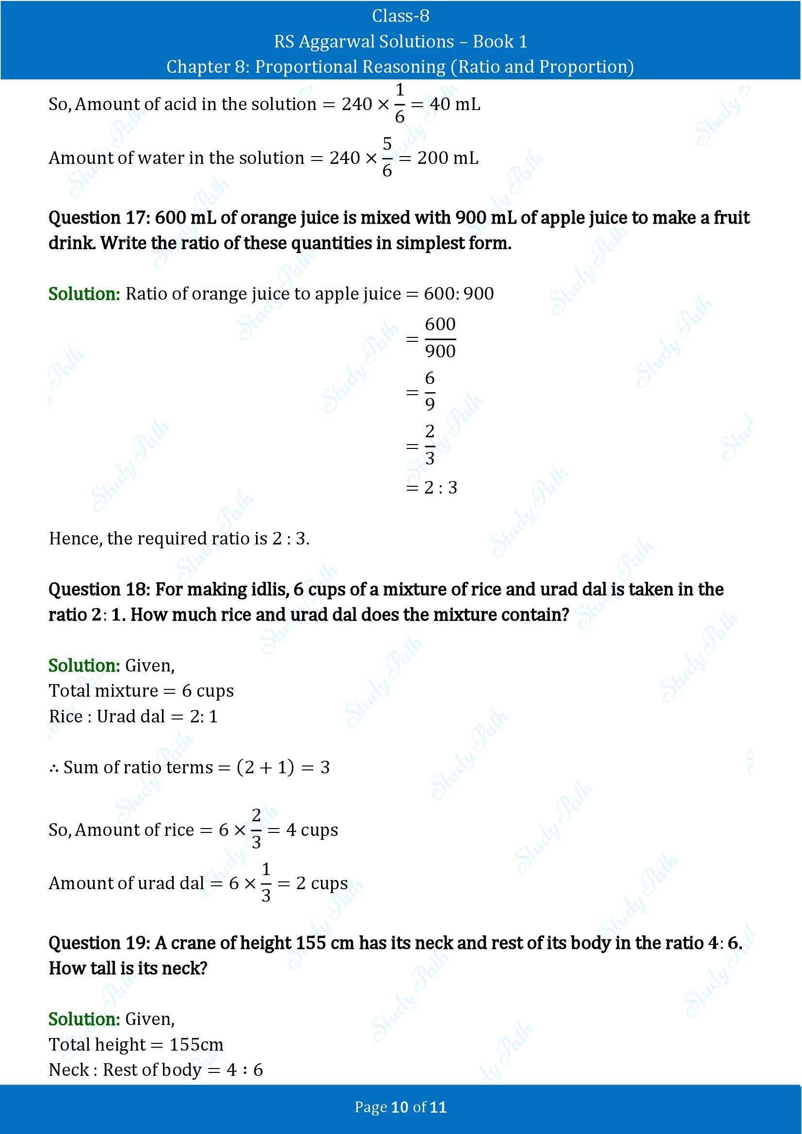 RS Aggarwal Solutions Class 8 Book 1 Chapter 8 Proportional Reasoning Ratio and Proportion Exercise 8A 00010