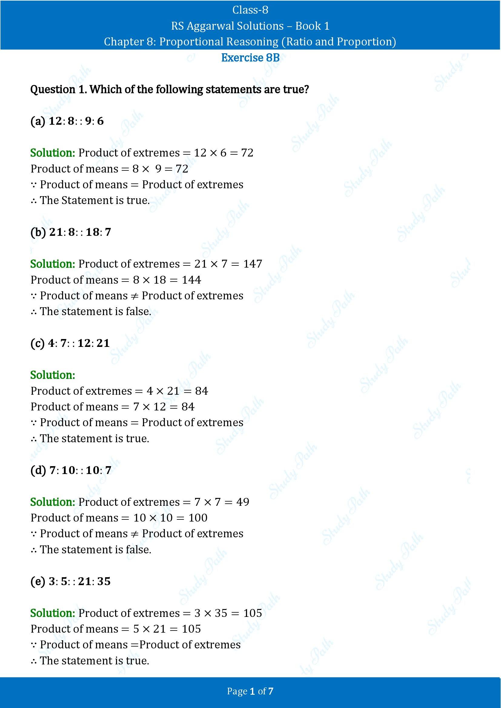 RS Aggarwal Solutions Class 8 Book 1 Chapter 8 Proportional Reasoning Ratio and Proportion Exercise 8B 00001