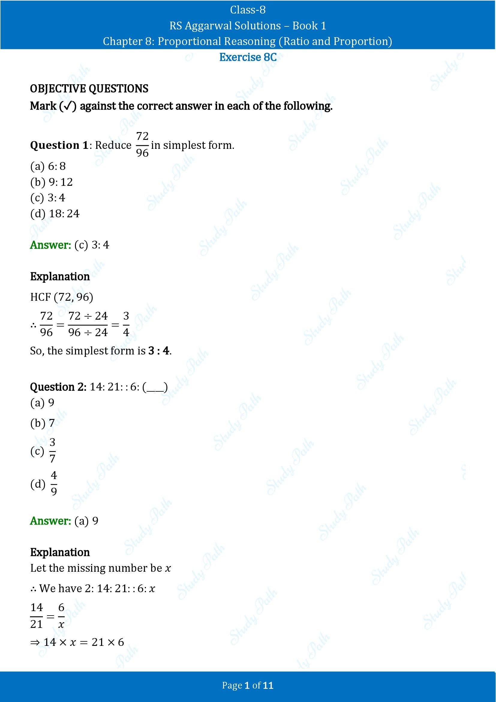 RS Aggarwal Solutions Class 8 Book 1 Chapter 8 Proportional Reasoning Ratio and Proportion Exercise 8C 00001