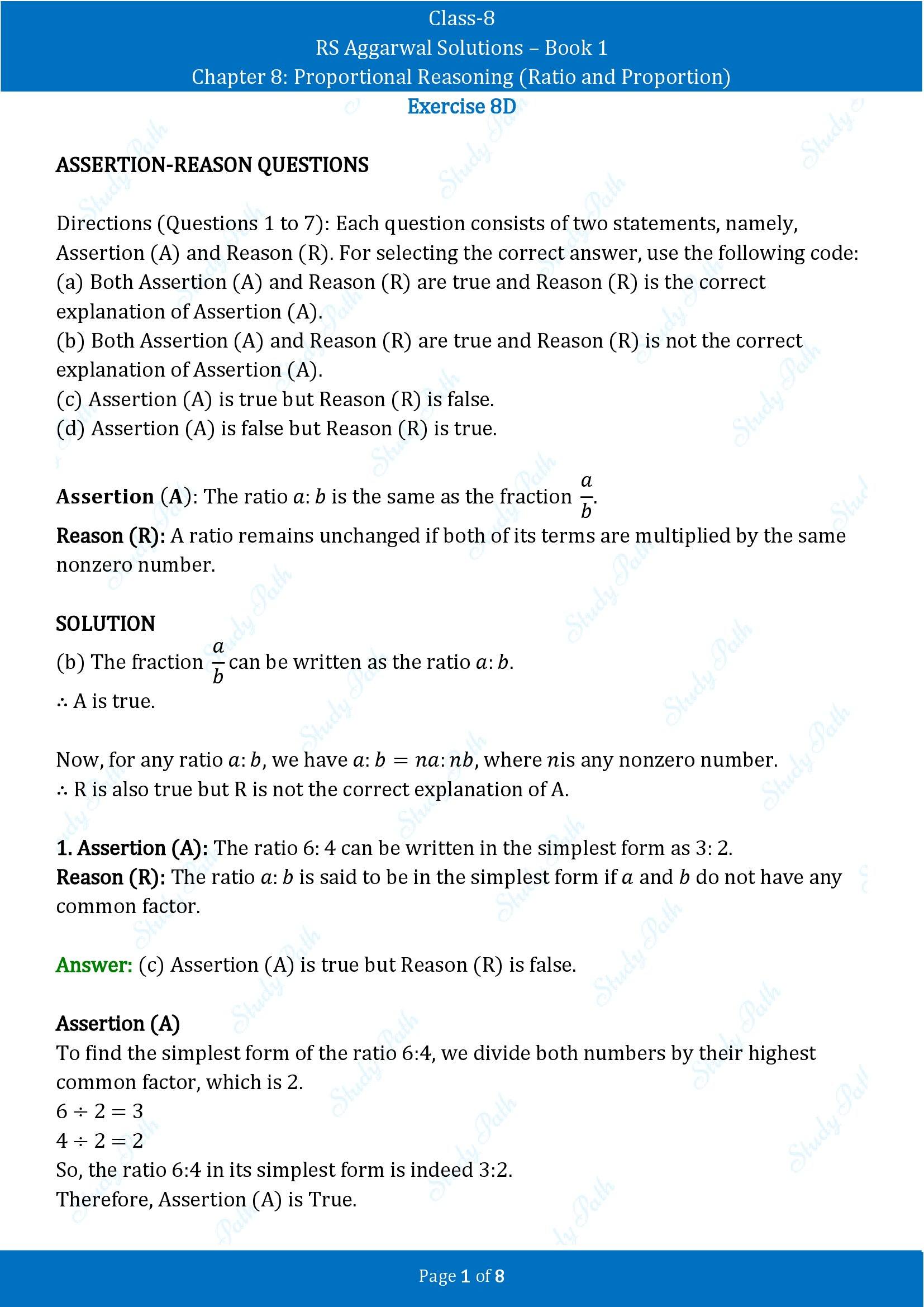 RS Aggarwal Solutions Class 8 Book 1 Chapter 8 Proportional Reasoning Ratio and Proportion Exercise 8D 00001