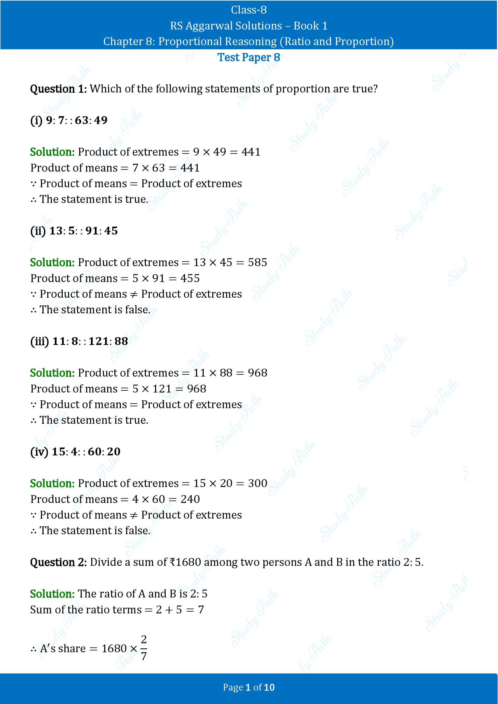 RS Aggarwal Solutions Class 8 Book 1 Chapter 8 Proportional Reasoning Ratio and Proportion Test Paper 8 00001