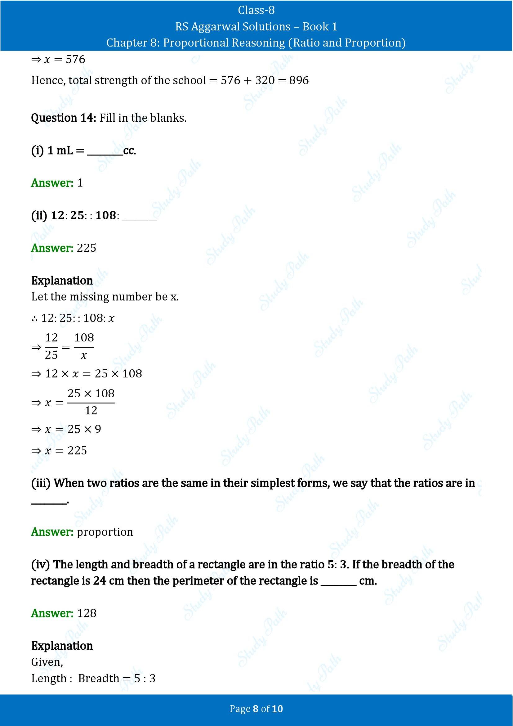 RS Aggarwal Solutions Class 8 Book 1 Chapter 8 Proportional Reasoning Ratio and Proportion Test Paper 8 00008
