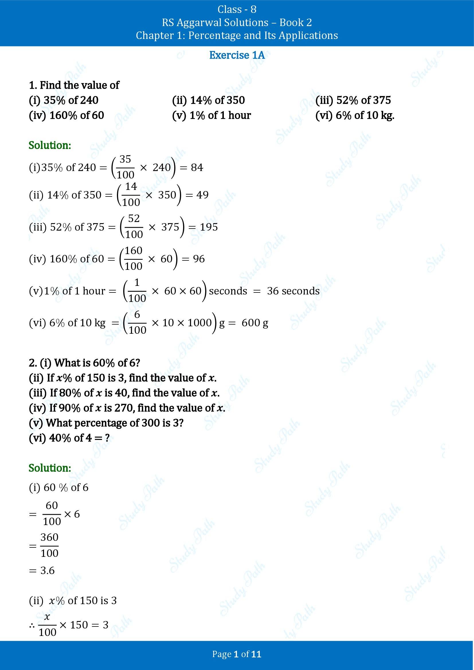 RS Aggarwal Solutions Class 8 Book 2 Chapter 1 Percentage and Its Applications Exercise 1A 00001