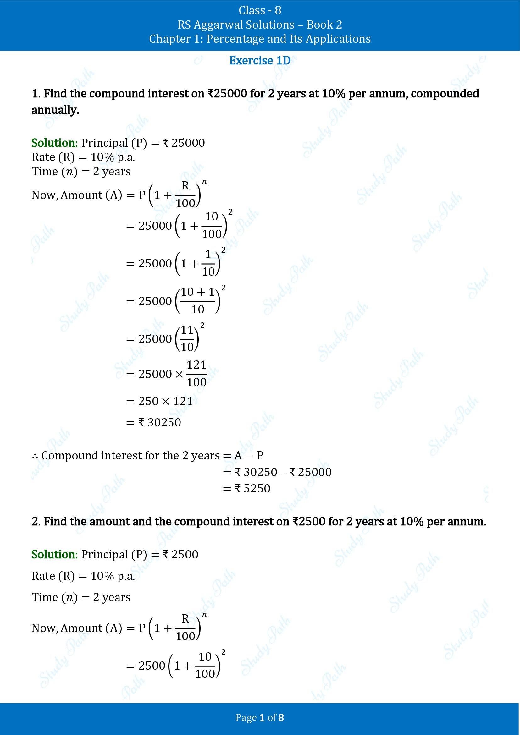 RS Aggarwal Solutions Class 8 Book 2 Chapter 1 Percentage and Its Applications Exercise 1D 00001