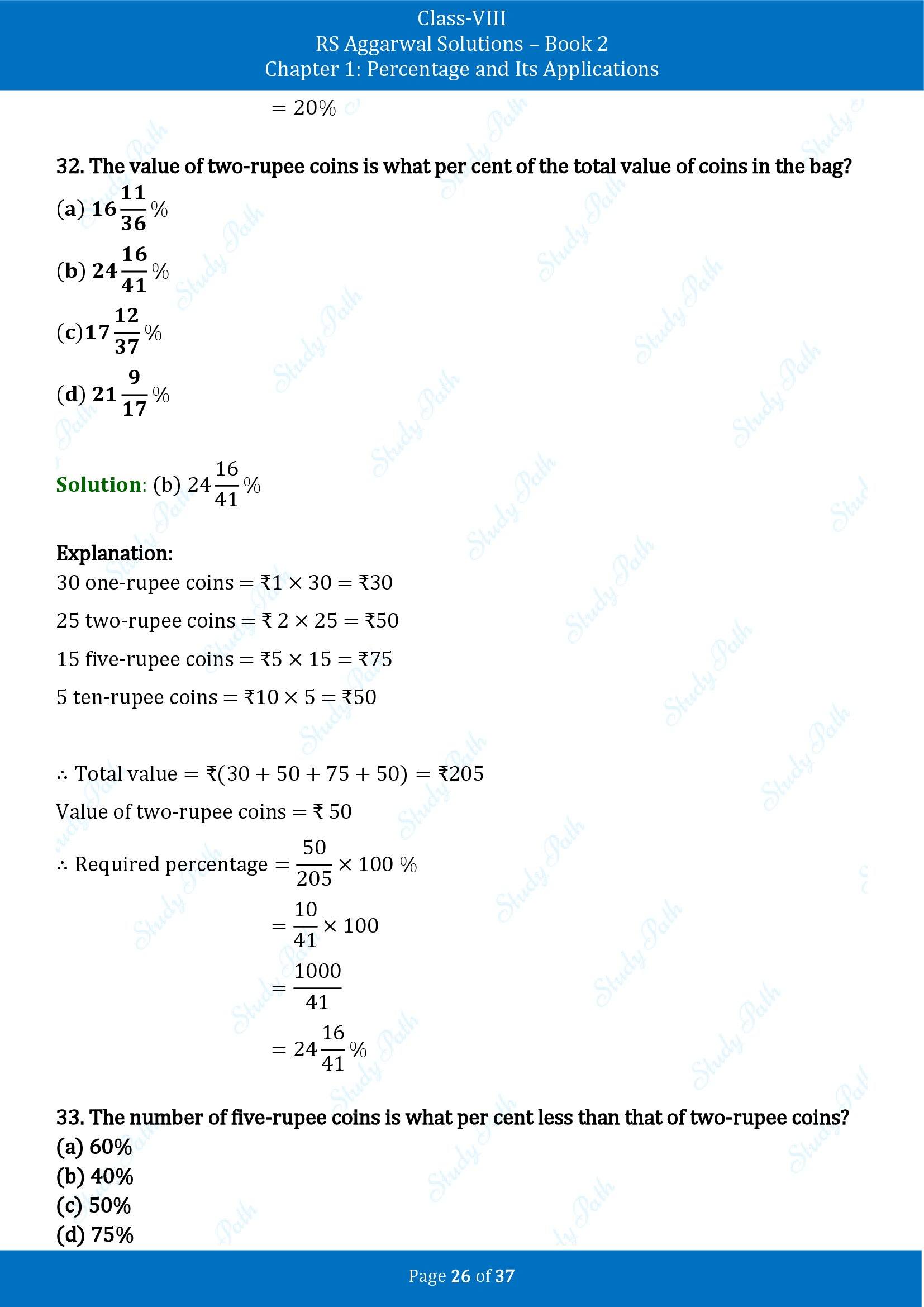 RS Aggarwal Solutions Class 8 Book 2 Chapter 1 Percentage and Its Applications Exercise 1F 00026