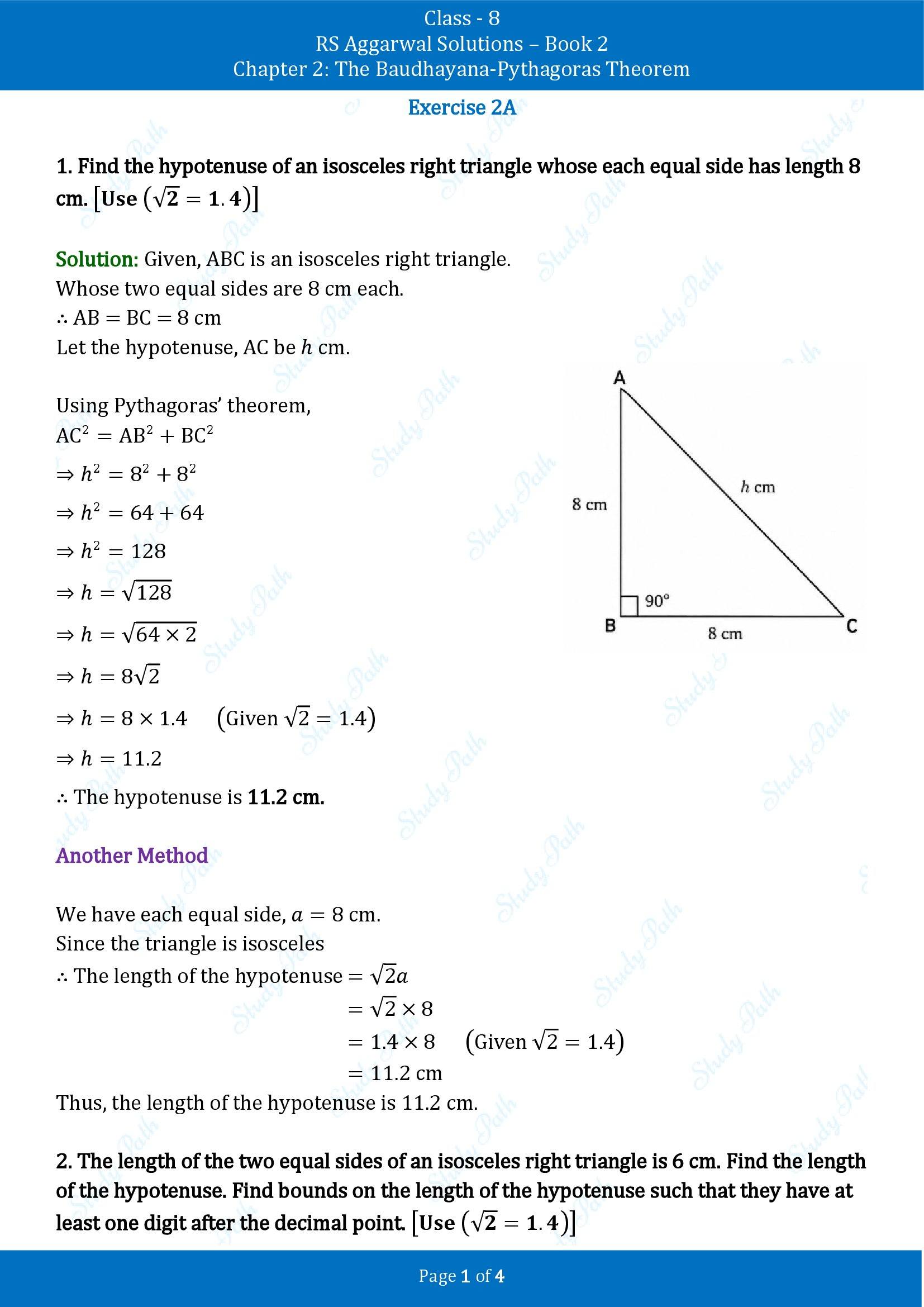 RS Aggarwal Solutions Class 8 Book 2 Chapter 2 The Baudhayana Pythagoras Theorem Exercise 2A 00001