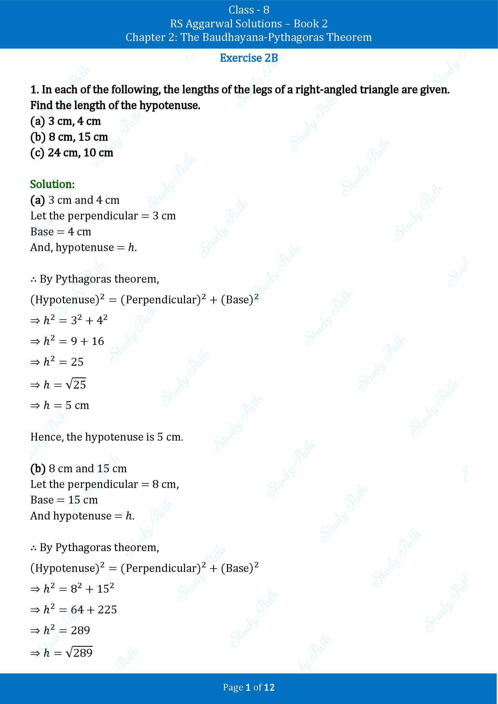 RS Aggarwal Solutions Class 8 Book 2 Chapter 2 The Baudhayana Pythagoras Theorem Exercise 2B 00001