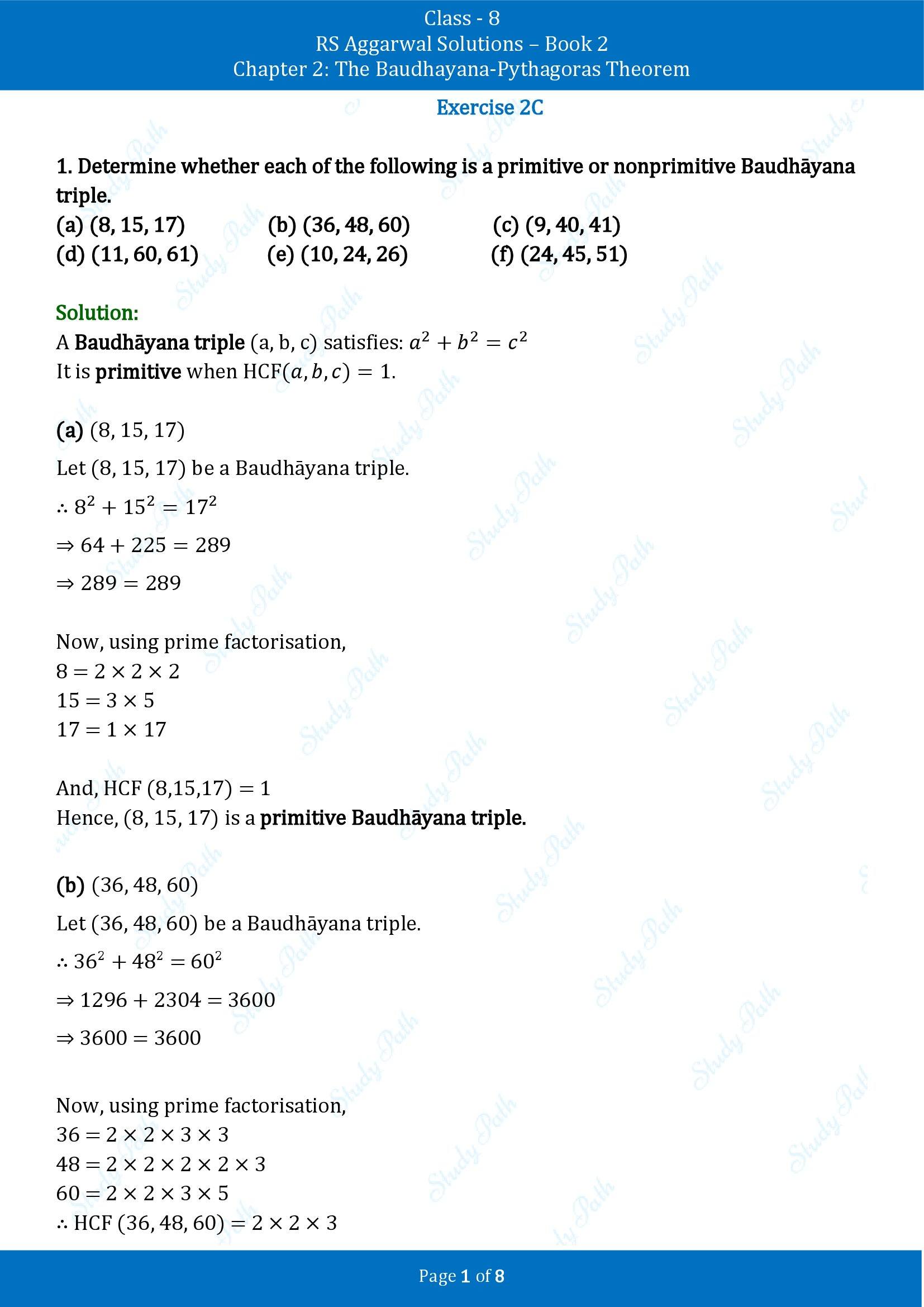 RS Aggarwal Solutions Class 8 Book 2 Chapter 2 The Baudhayana Pythagoras Theorem Exercise 2C 00001