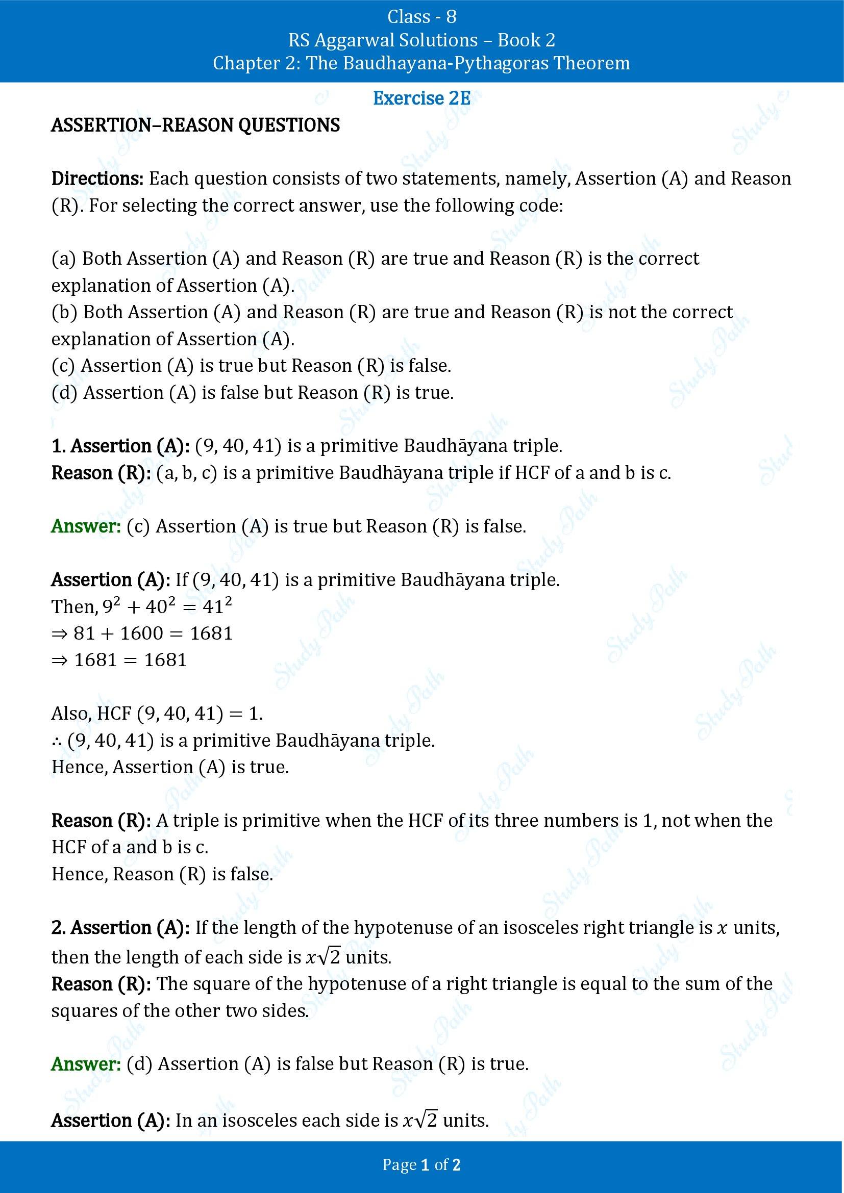 RS Aggarwal Solutions Class 8 Book 2 Chapter 2 The Baudhayana Pythagoras Theorem Exercise 2E 00001