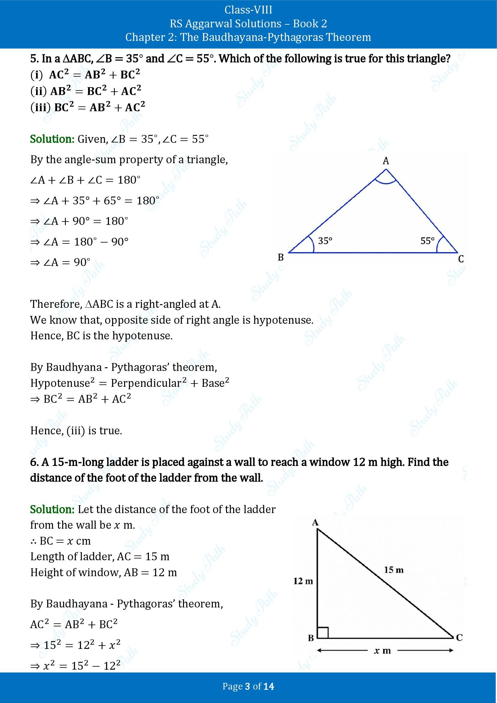 RS Aggarwal Solutions Class 8 Book 2 Chapter 2 The Baudhayana Pythagoras Theorem Test Paper 2 00003