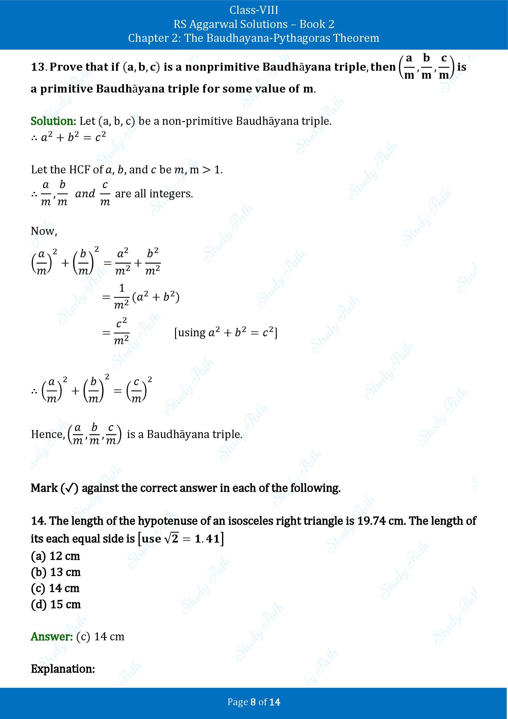RS Aggarwal Solutions Class 8 Book 2 Chapter 2 The Baudhayana Pythagoras Theorem Test Paper 2 00008