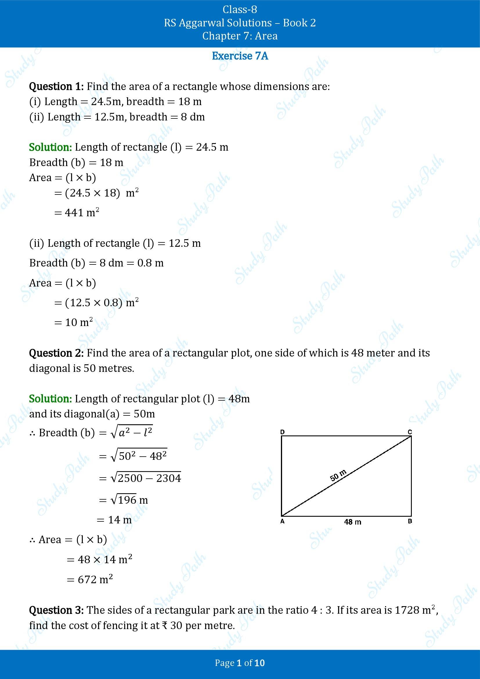 RS Aggarwal Solutions Class 8 Book 2 Chapter 7 Area Exercise 7A 00001
