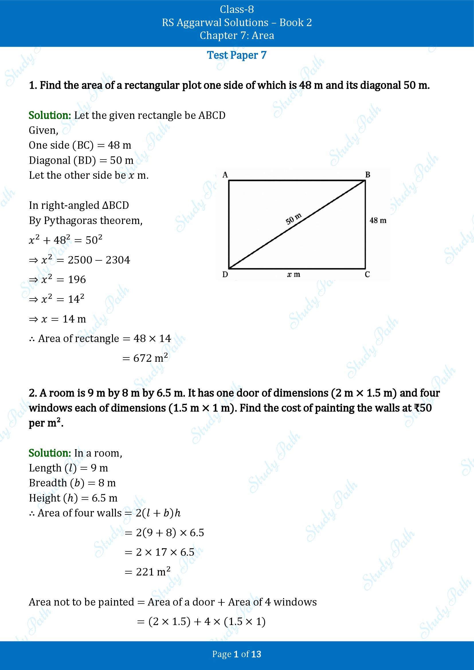 RS Aggarwal Solutions Class 8 Book 2 Chapter 7 Area Test Paper 7 00001