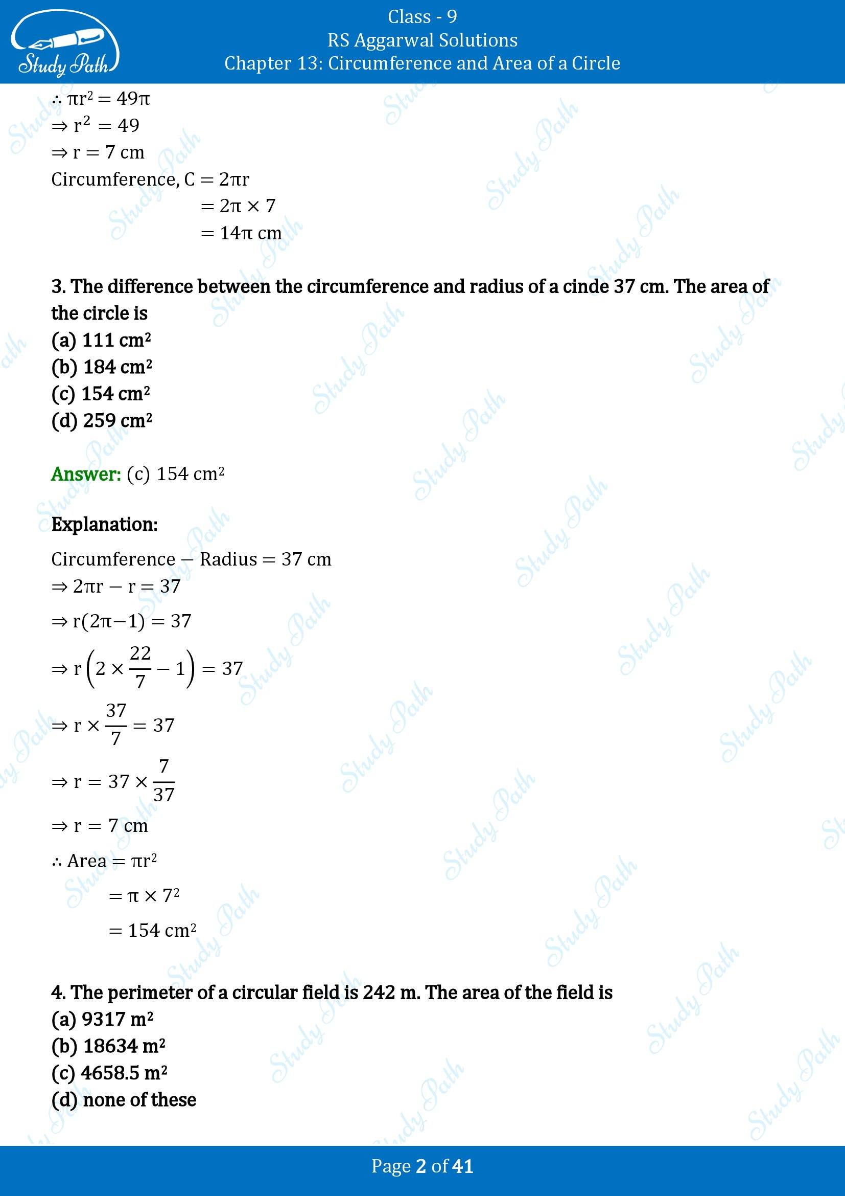 RS Aggarwal Solutions Class 9 Chapter 13 Circumference and Area of a Circle Multiple Choice Questions MCQs 00002