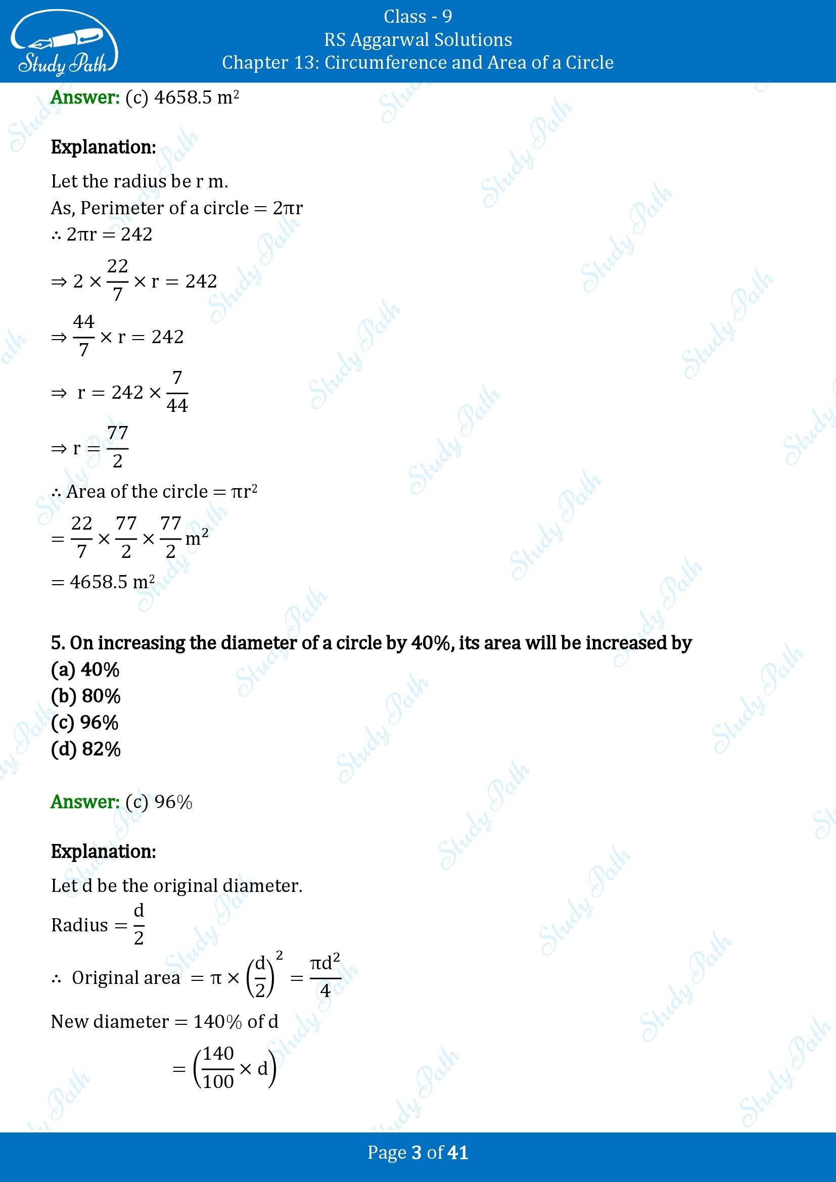 RS Aggarwal Solutions Class 9 Chapter 13 Circumference and Area of a Circle Multiple Choice Questions MCQs 00003