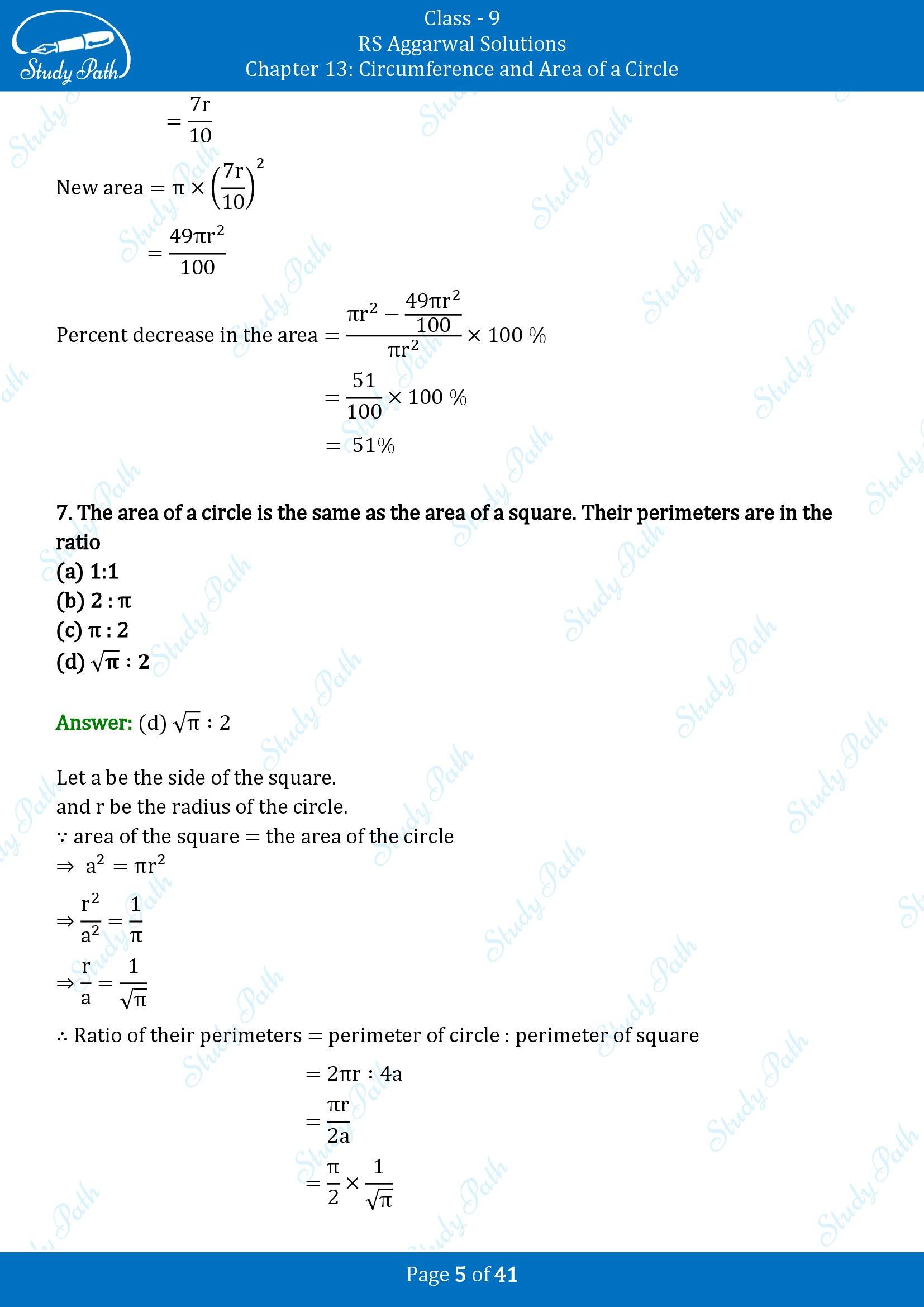 RS Aggarwal Solutions Class 9 Chapter 13 Circumference and Area of a Circle Multiple Choice Questions MCQs 00005