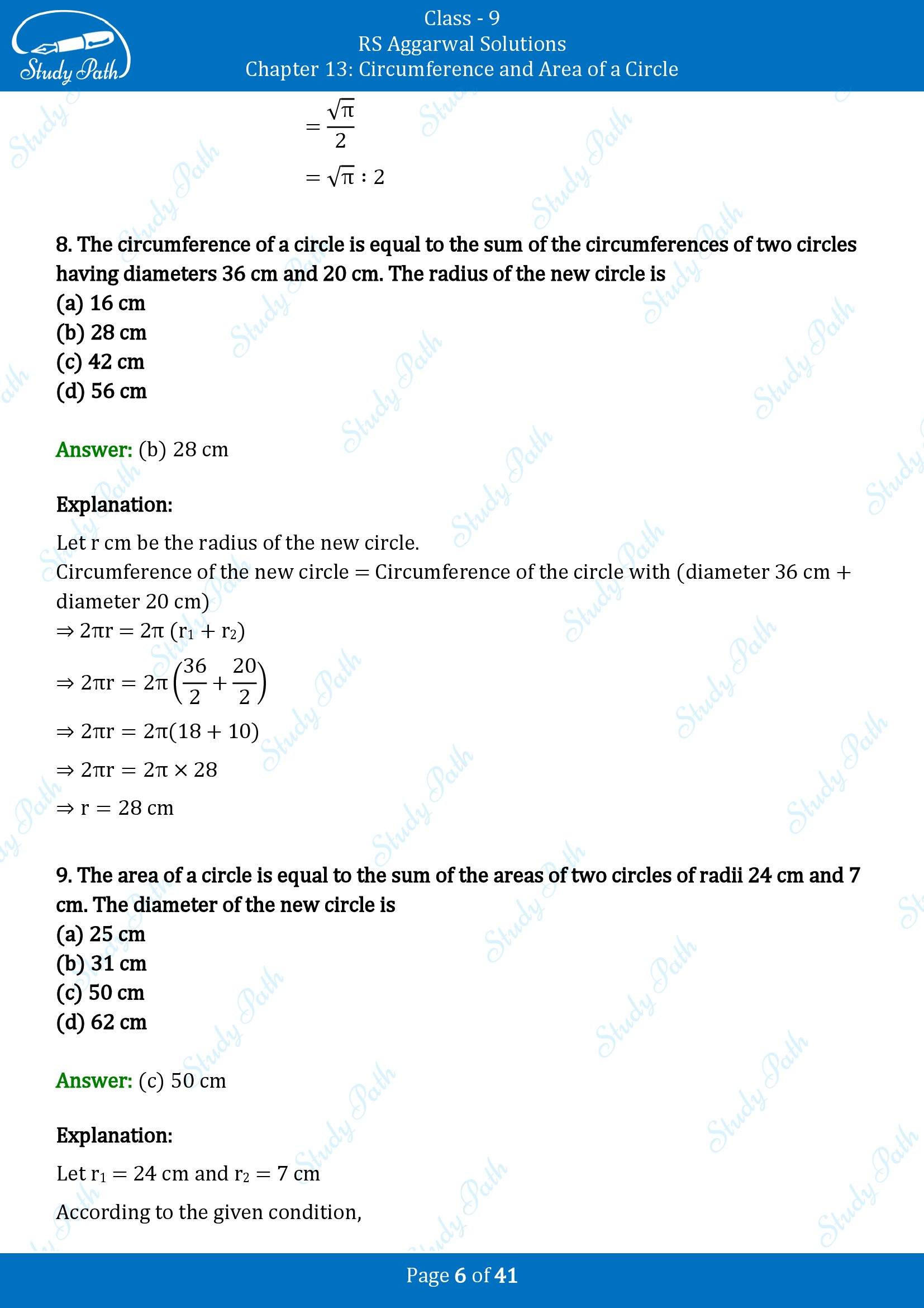 RS Aggarwal Solutions Class 9 Chapter 13 Circumference and Area of a Circle Multiple Choice Questions MCQs 00006