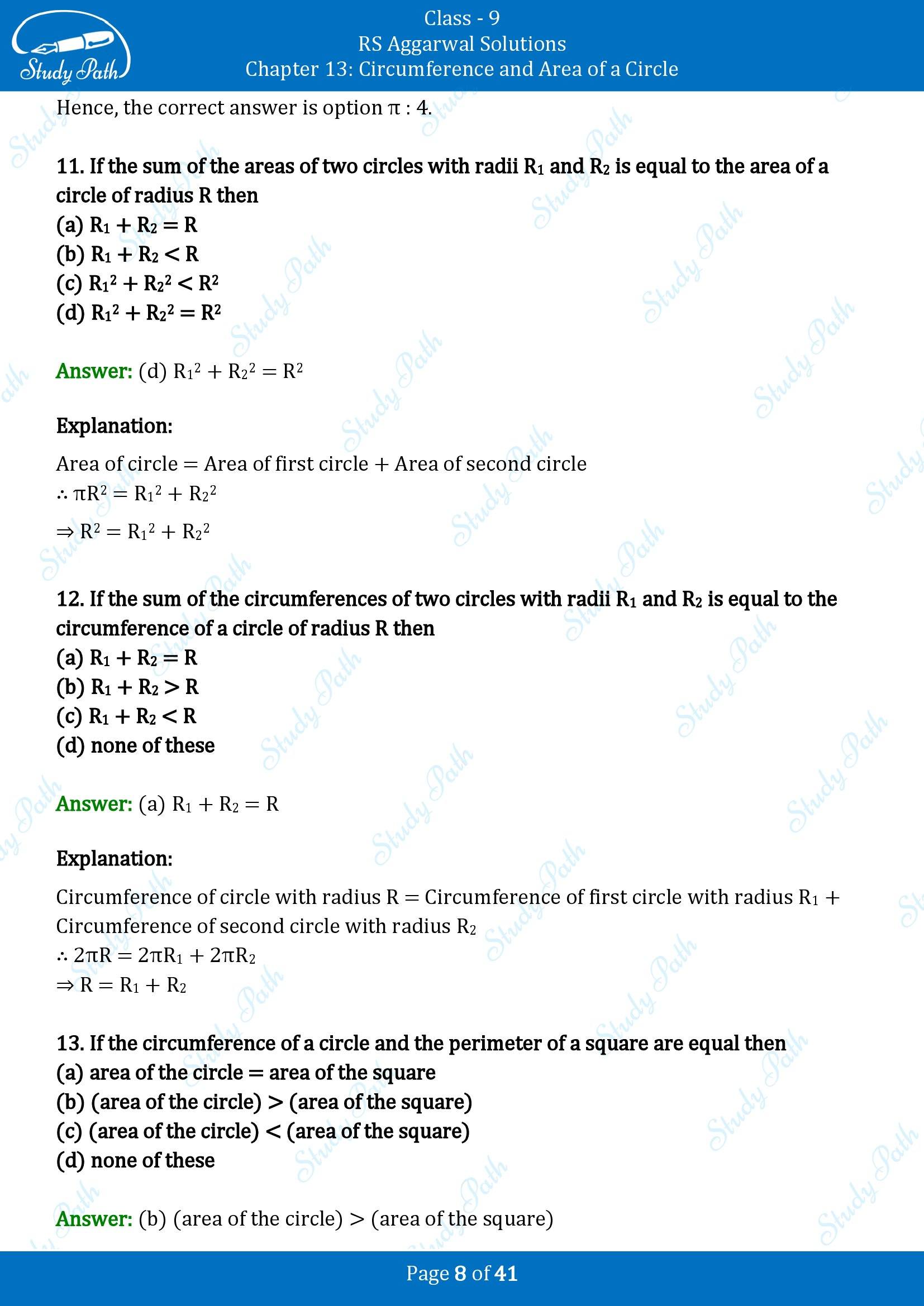 RS Aggarwal Solutions Class 9 Chapter 13 Circumference and Area of a Circle Multiple Choice Questions MCQs 00008